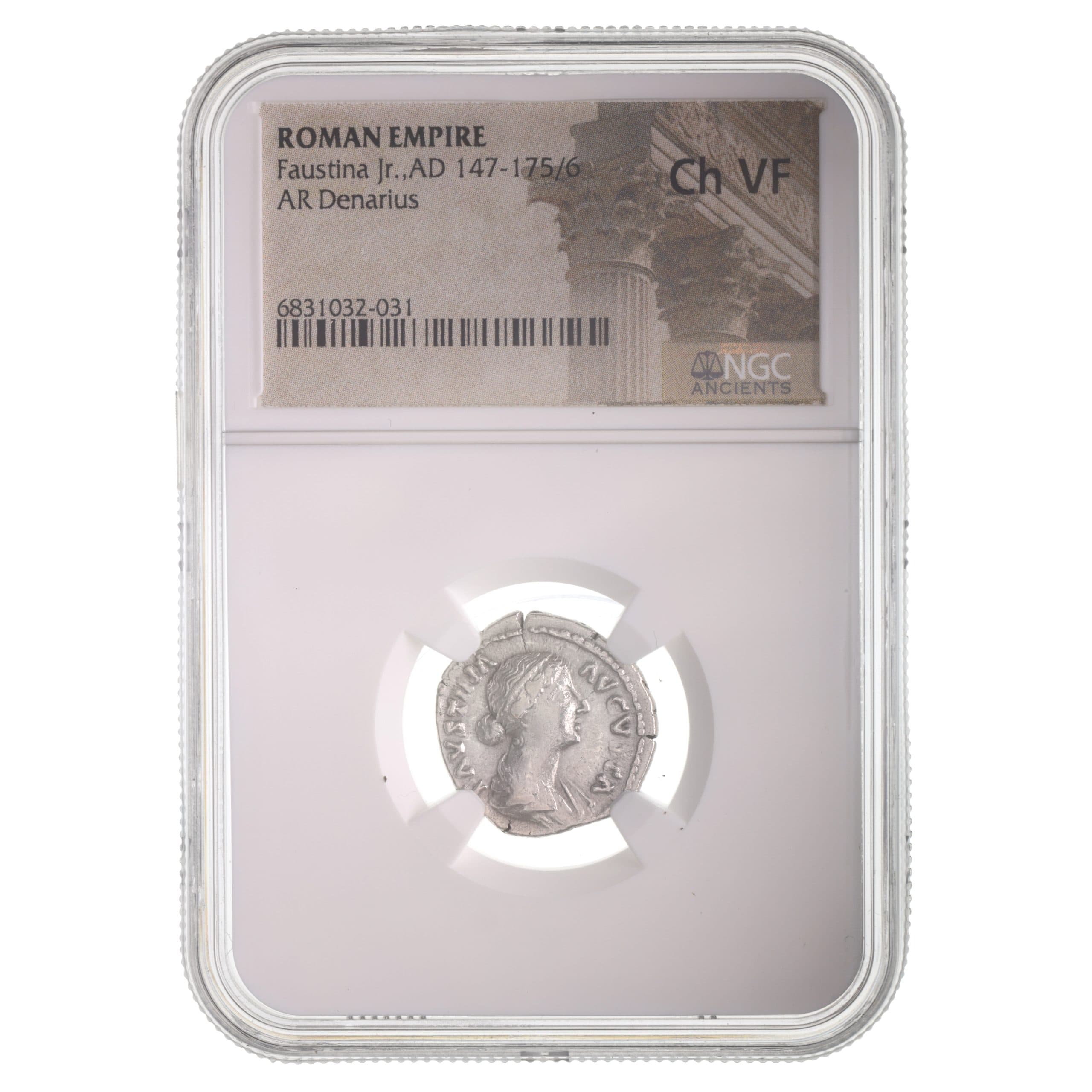 NGC-Certified Roman Coin: Faustina Jr., Denarius, Grade CH-VF β representative ECC supplier stock image; exact coin and slab vary