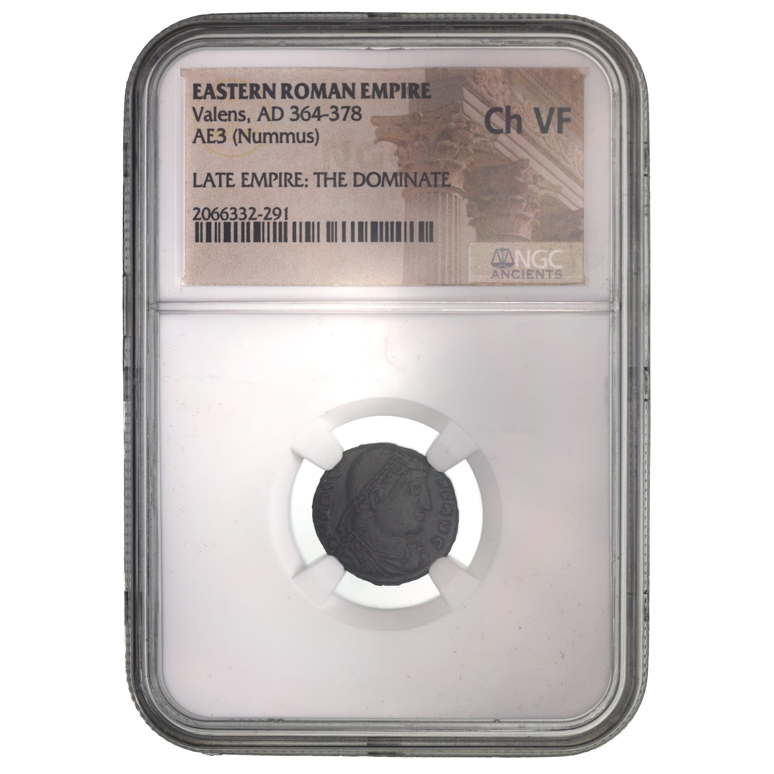 NGC-Certified Roman Coin: Valens, AE3, Grade CH-VF β representative ECC supplier stock image; exact coin and slab vary
