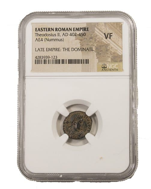 NGC-Certified Roman Coin: THEODOSIUS2ND(AE4), Grade VF β representative ECC supplier stock image; exact coin and slab vary