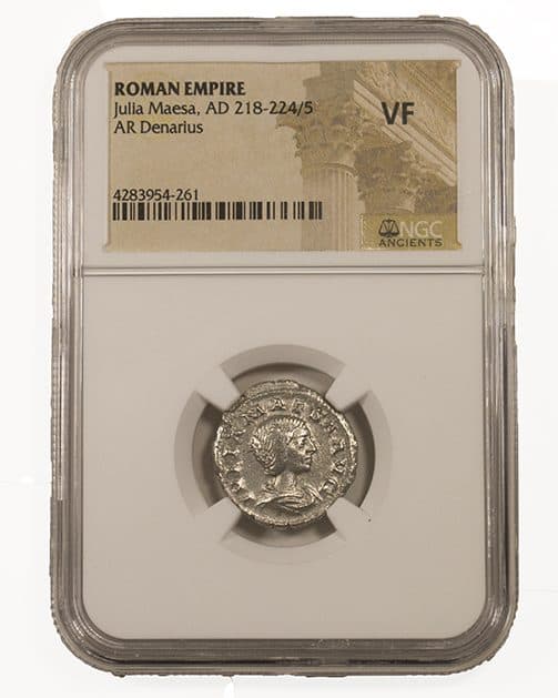NGC-Certified Roman Coin: Julia Maesa, Denarius, Grade VF β representative ECC supplier stock image; exact coin and slab vary