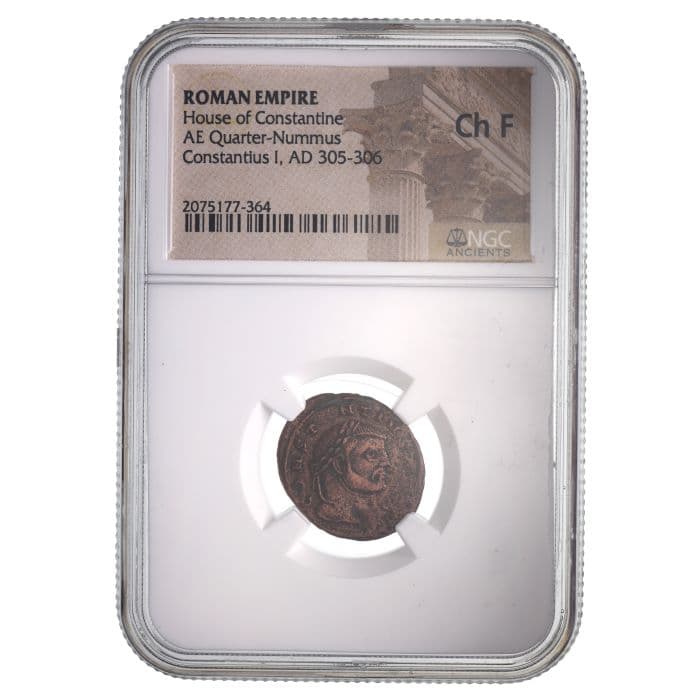 NGC-Certified Roman Coin: CONSTIUS1ST(QUARTER NUMMUS), Grade CH-F β representative ECC supplier stock image; exact coin and slab vary