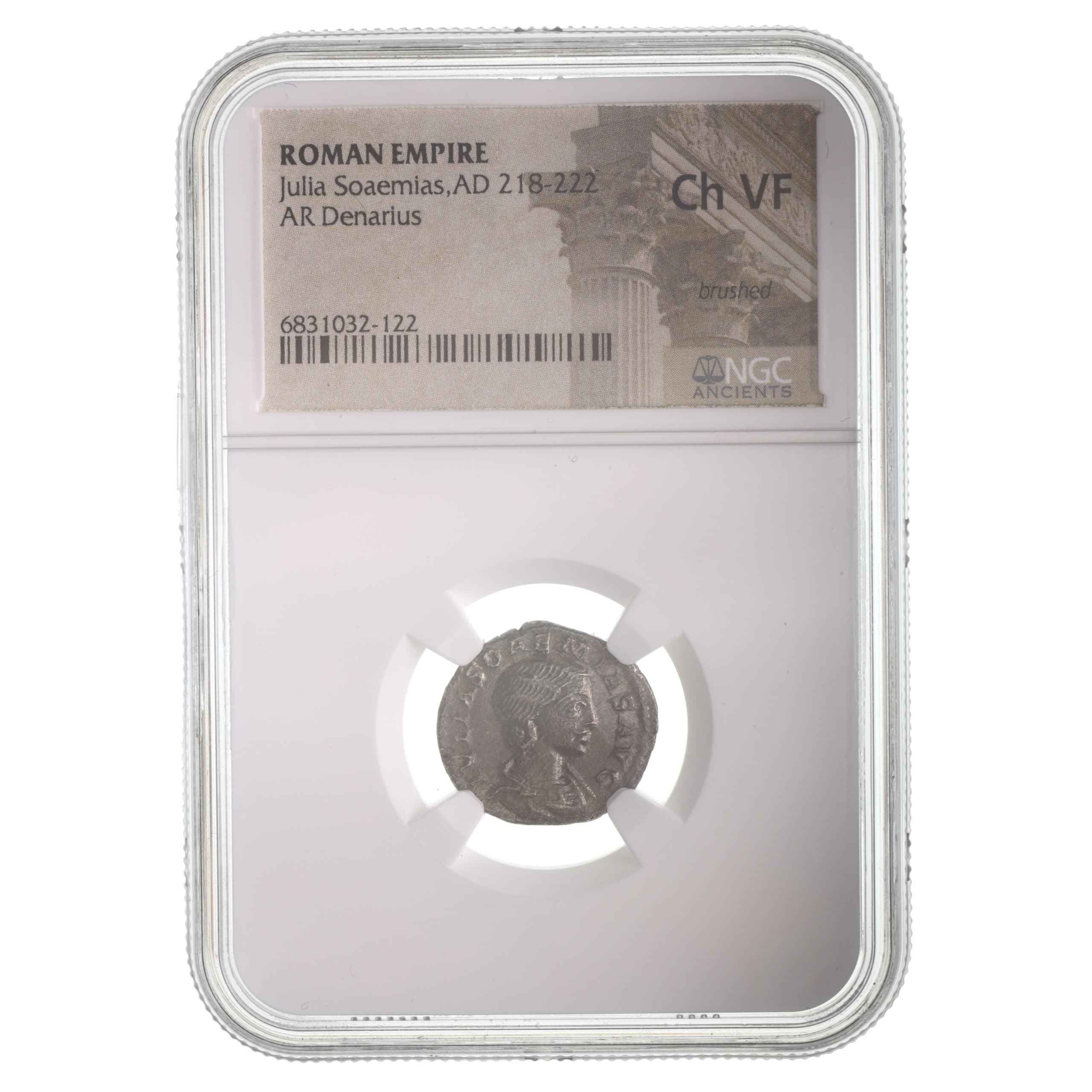 NGC-Certified Roman Coin: Julia Soaemias, Denarius, Grade CH-VF — representative ECC supplier stock image; exact coin and slab vary