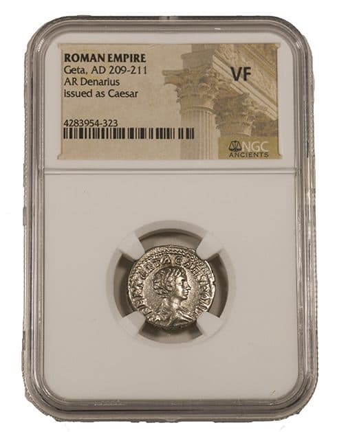 NGC-Certified Roman Coin: GETA(AR), Grade VF β representative ECC supplier stock image; exact coin and slab vary