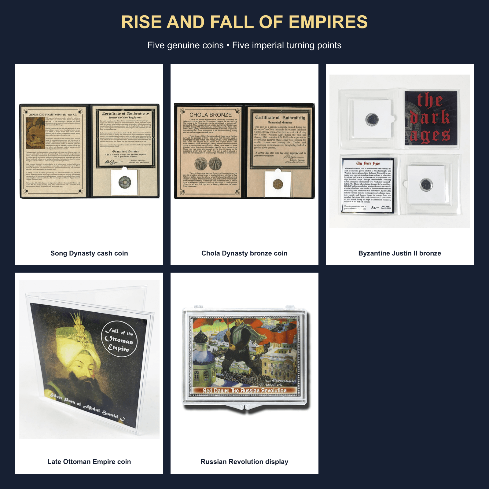 Rise and Fall of Empires: 5-Piece Historic Coin Collection physical curated coin collection