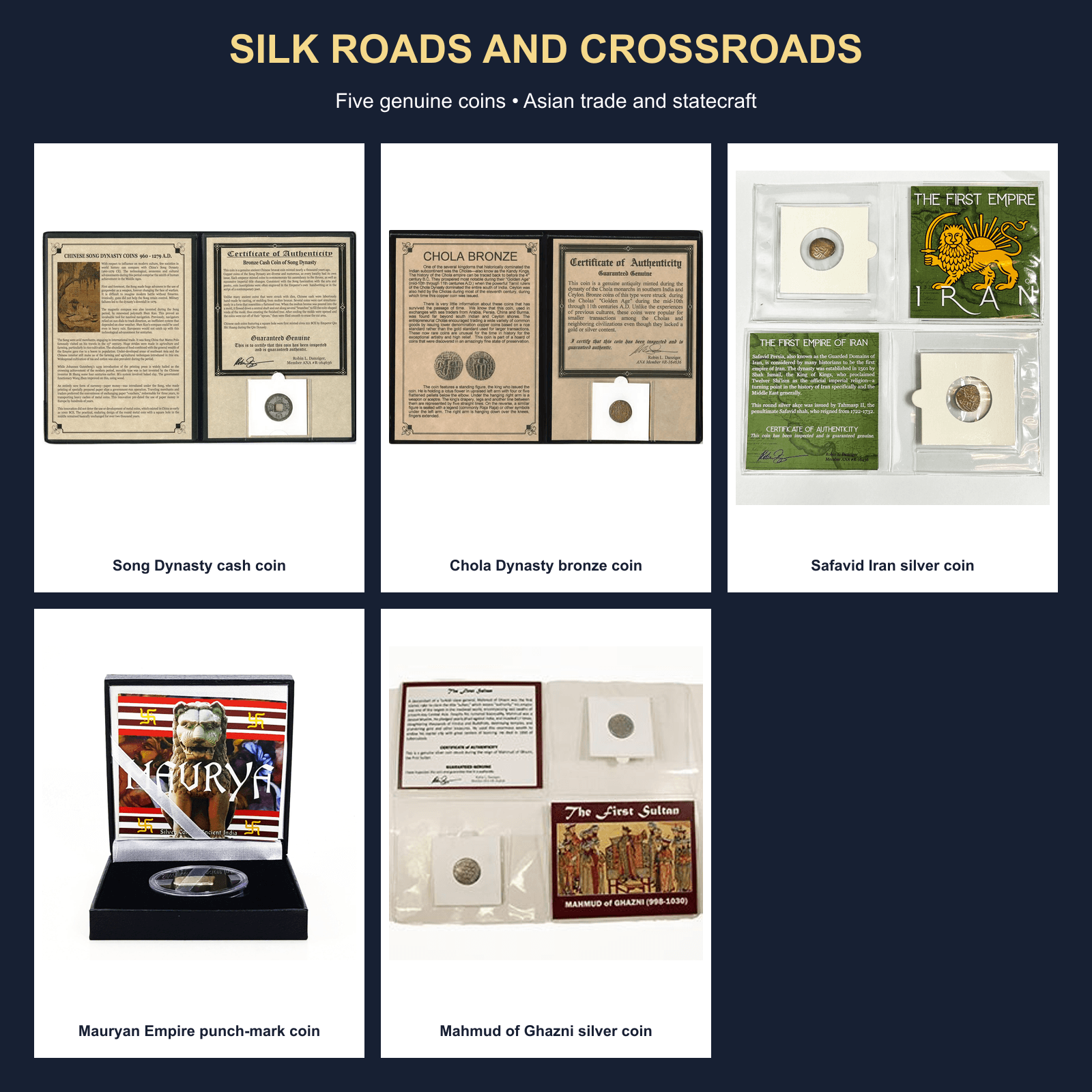 Silk Roads and Crossroads: 5-Piece Asian Coin History Collection physical curated coin collection