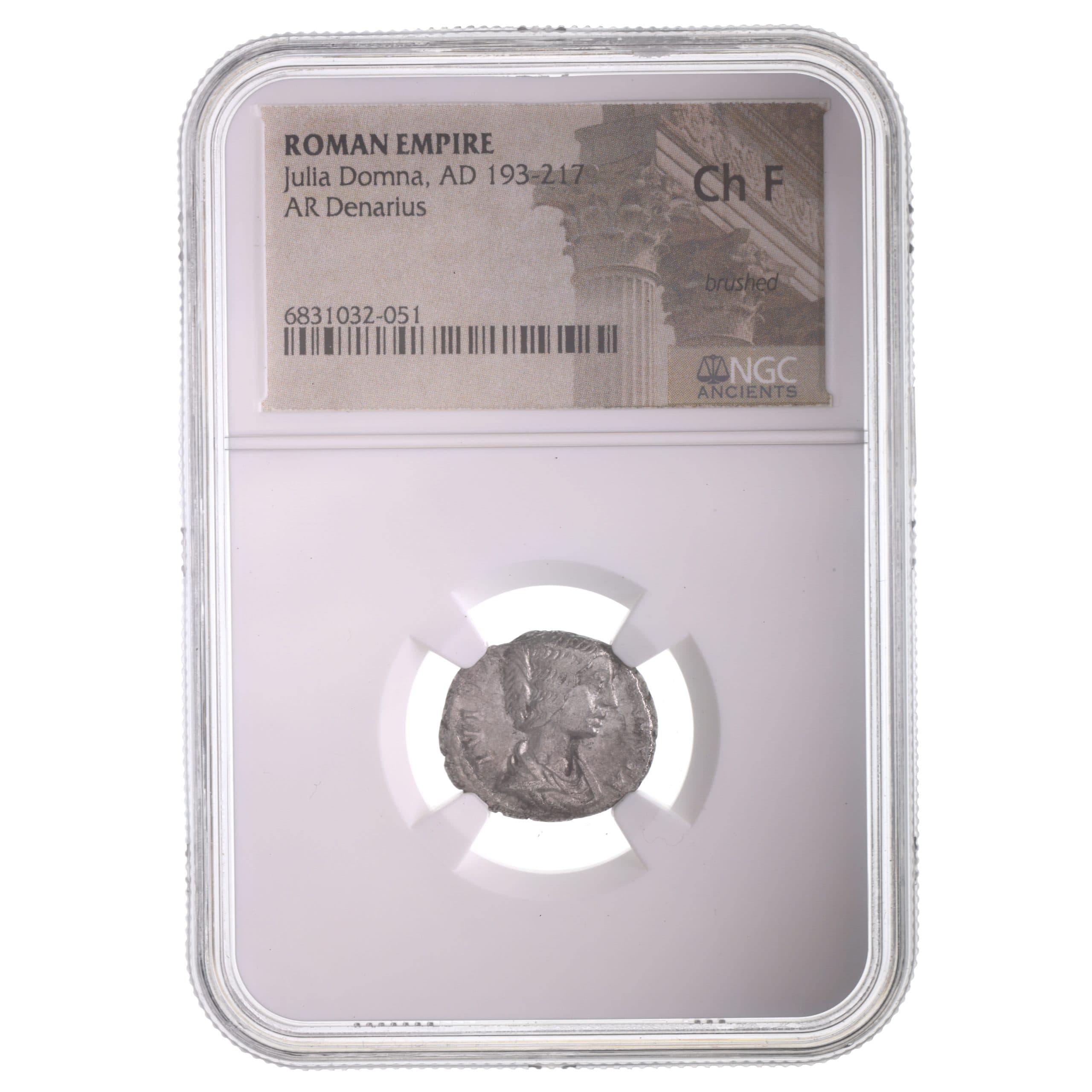 NGC-Certified Roman Coin: Julia Domna, Denarius, Grade CH-F β representative ECC supplier stock image; exact coin and slab vary