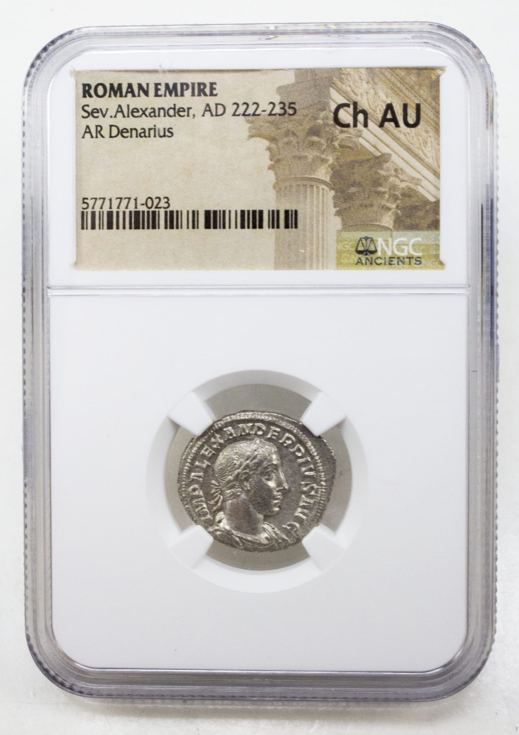 NGC-Certified Roman Coin: Severus Alexander, Denarius, Grade CH-AU β representative ECC supplier stock image; exact coin and slab vary
