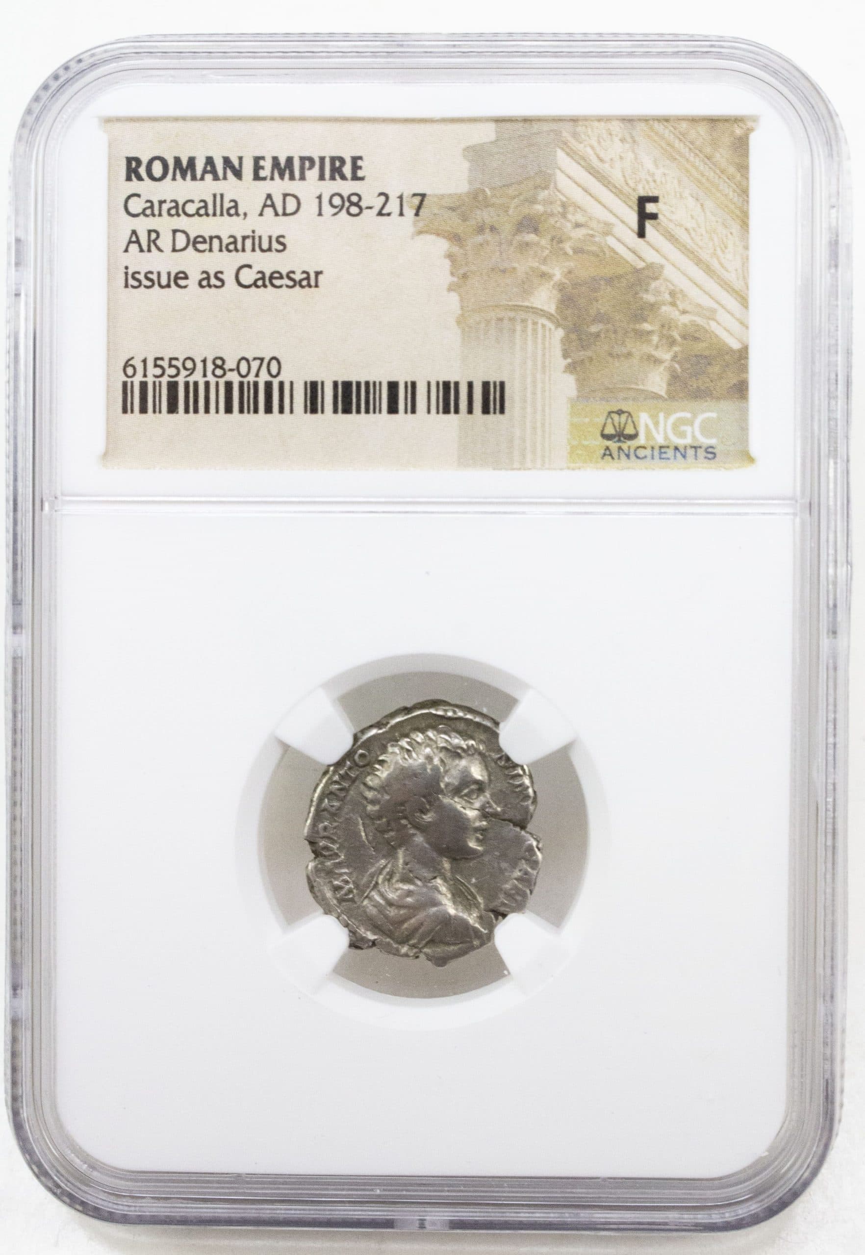 NGC-Certified Roman Coin: Caracalla, Denarius, Grade F β representative ECC supplier stock image; exact coin and slab vary