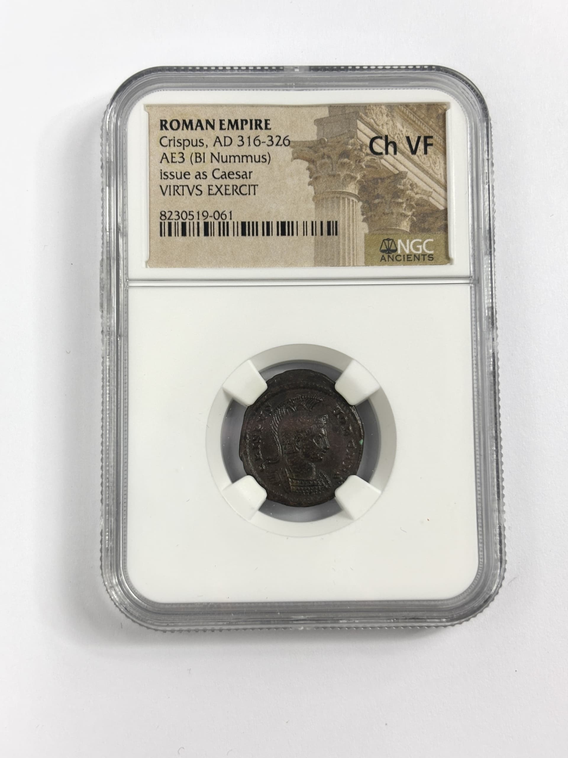 NGC-Certified Roman Coin: Crispus, AE3, Grade CH-VF β representative ECC supplier stock image; exact coin and slab vary