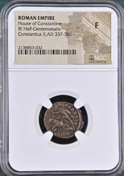 NGC-Certified Roman Coin: Constantius II (Gladiator), AE3/4, Grade F β representative ECC supplier stock image; exact coin and slab vary