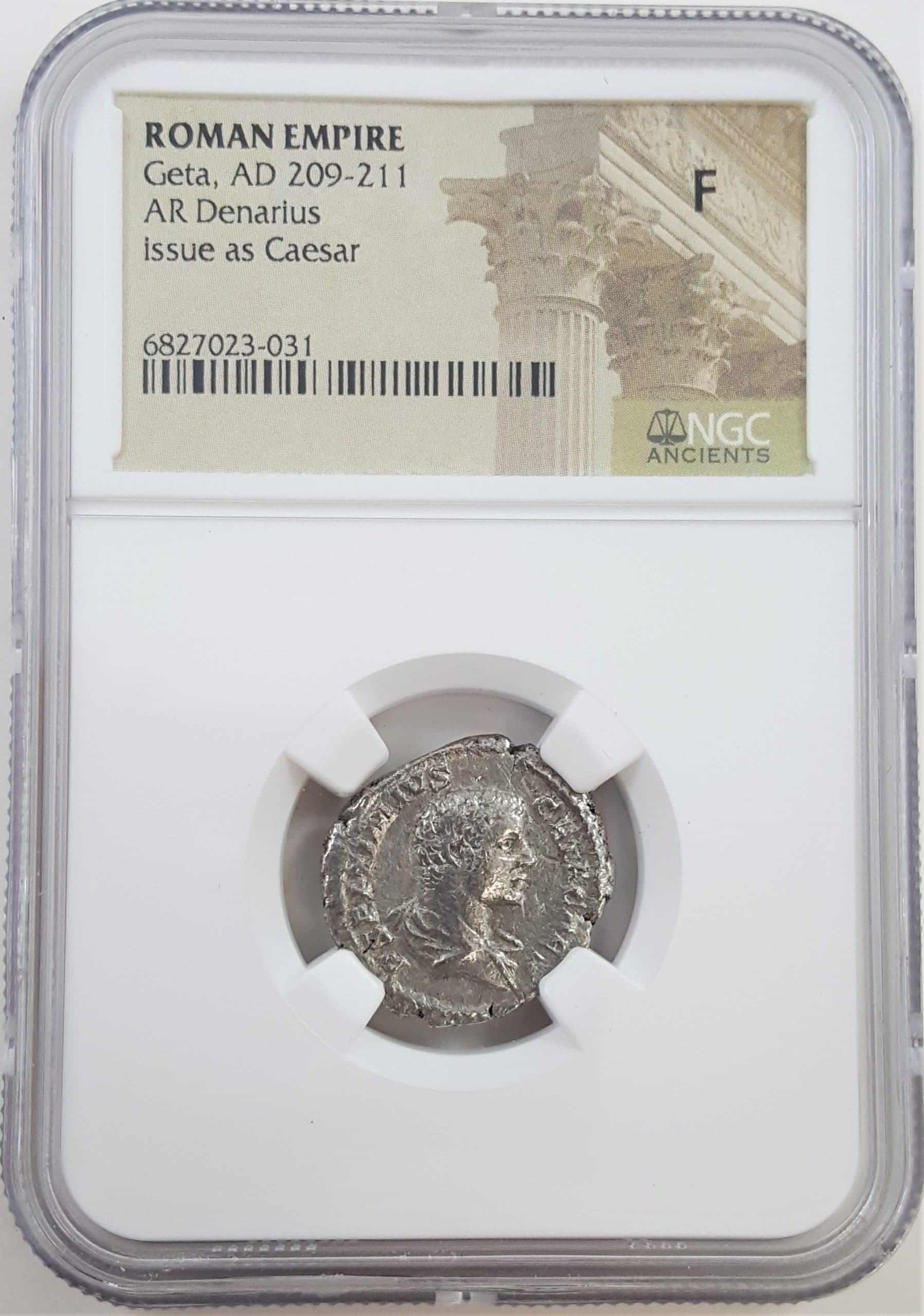 NGC-Certified Roman Coin: GETA(AR), Grade F β representative ECC supplier stock image; exact coin and slab vary