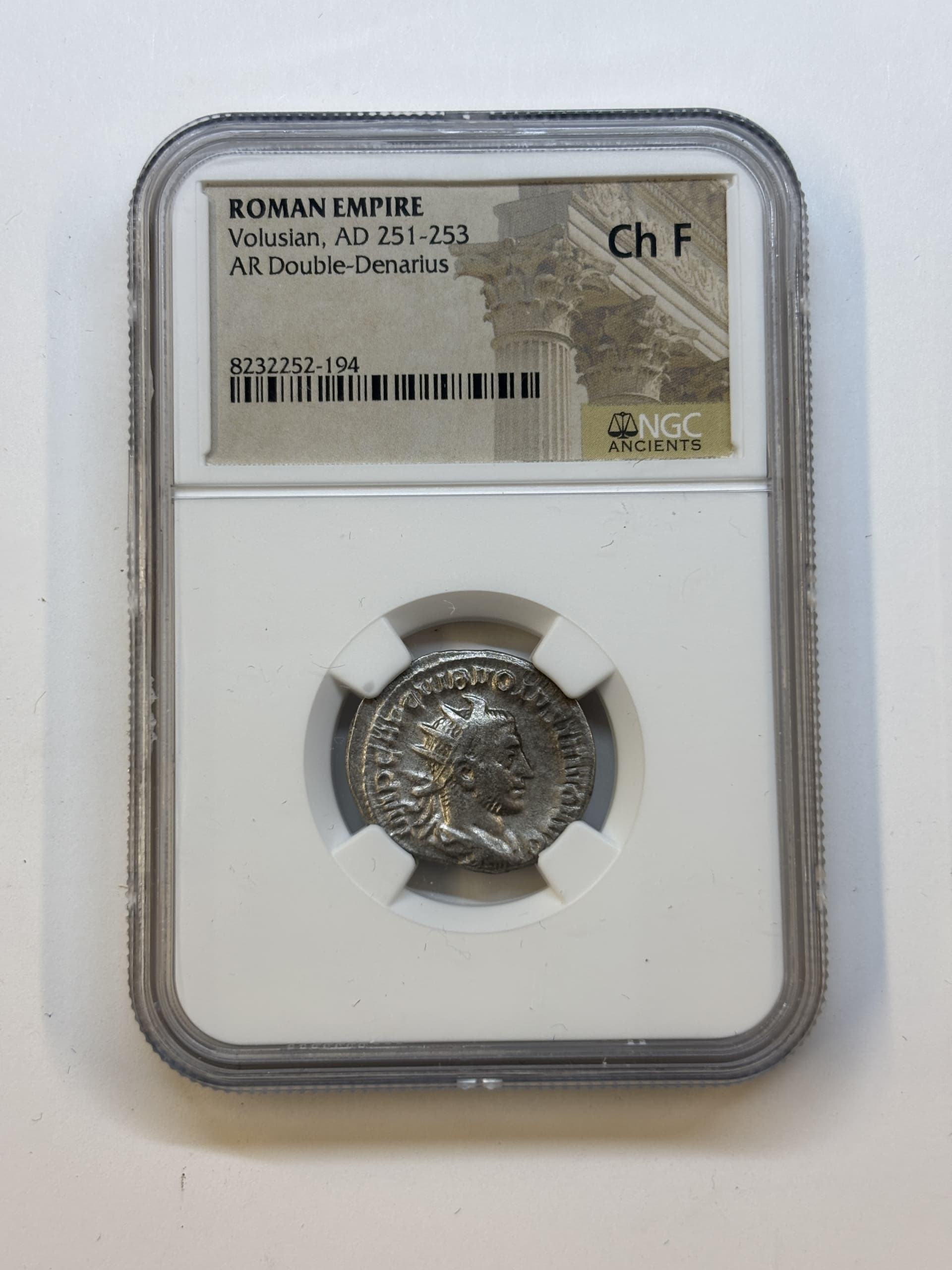 NGC-Certified Roman Coin: Volusian, ANT, Grade CH-F β representative ECC supplier stock image; exact coin and slab vary