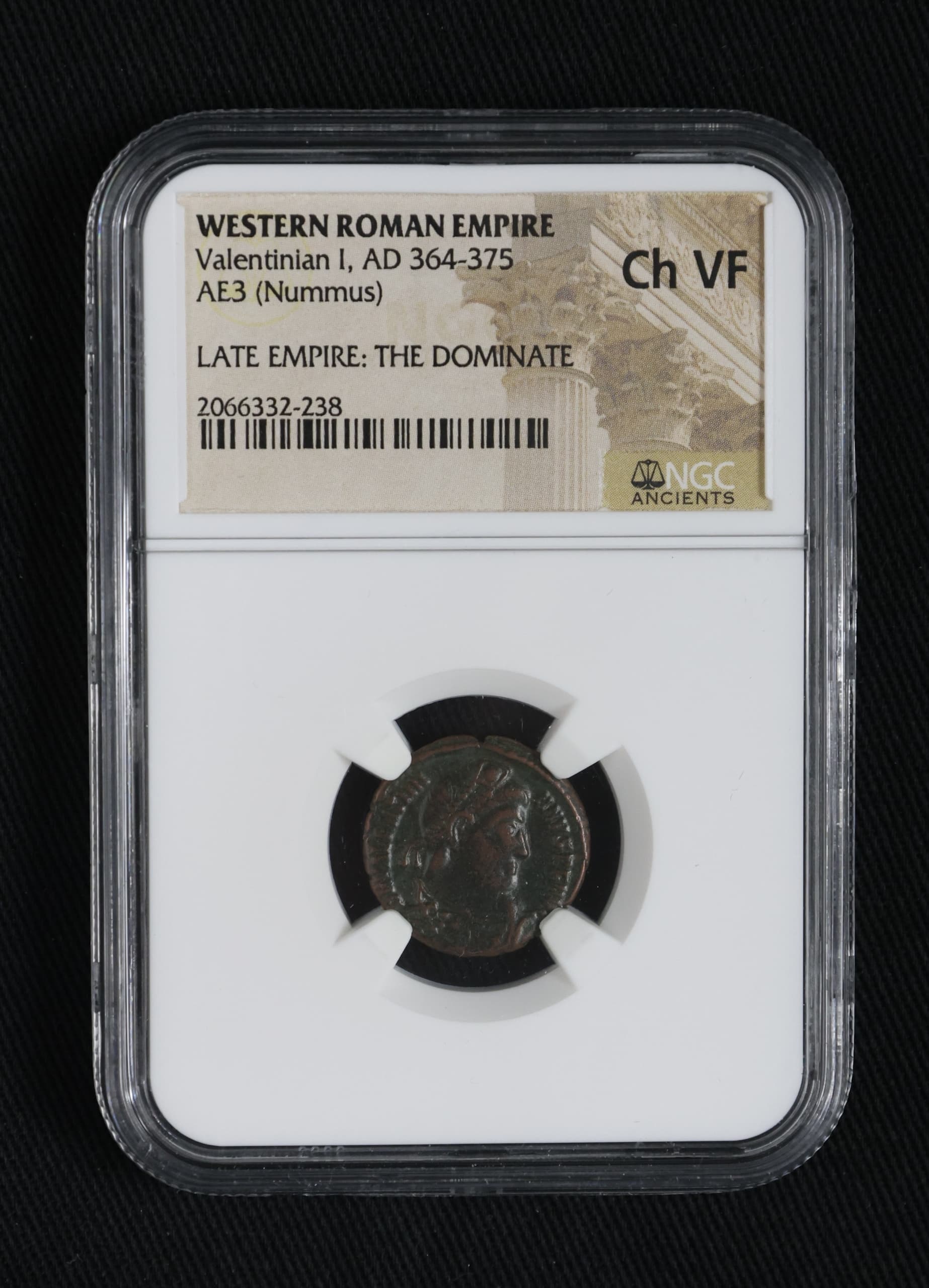 NGC-Certified Roman Coin: VALENTINIAN1ST(AE3), Grade CH-VF β representative ECC supplier stock image; exact coin and slab vary