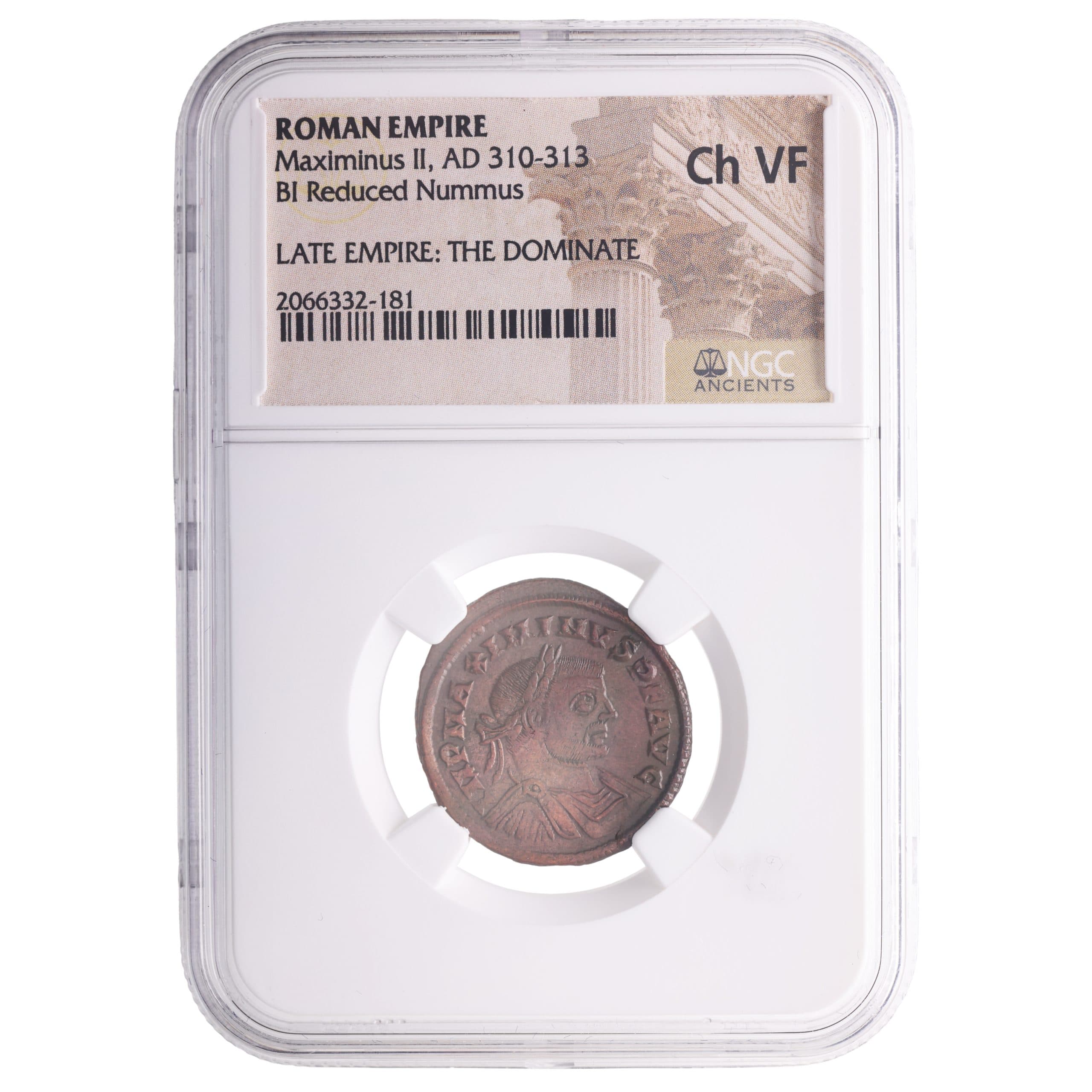 NGC-Certified Roman Coin: MAXIMINUS2ND(AE1/2), Grade CH-VF — representative ECC supplier stock image; exact coin and slab vary