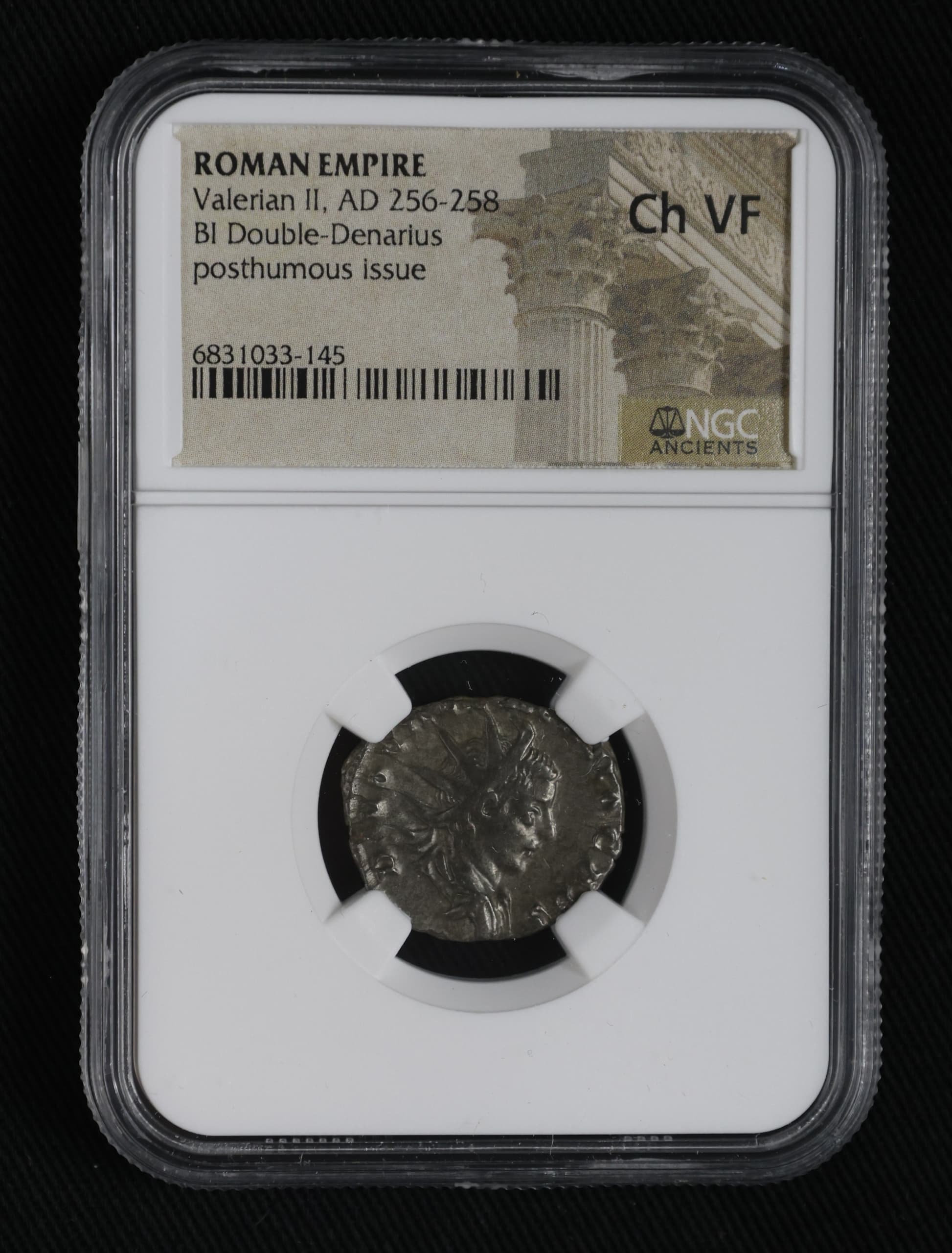 NGC-Certified Roman Coin: VALERIAN2ND(AR), Grade CH-VF — representative ECC supplier stock image; exact coin and slab vary