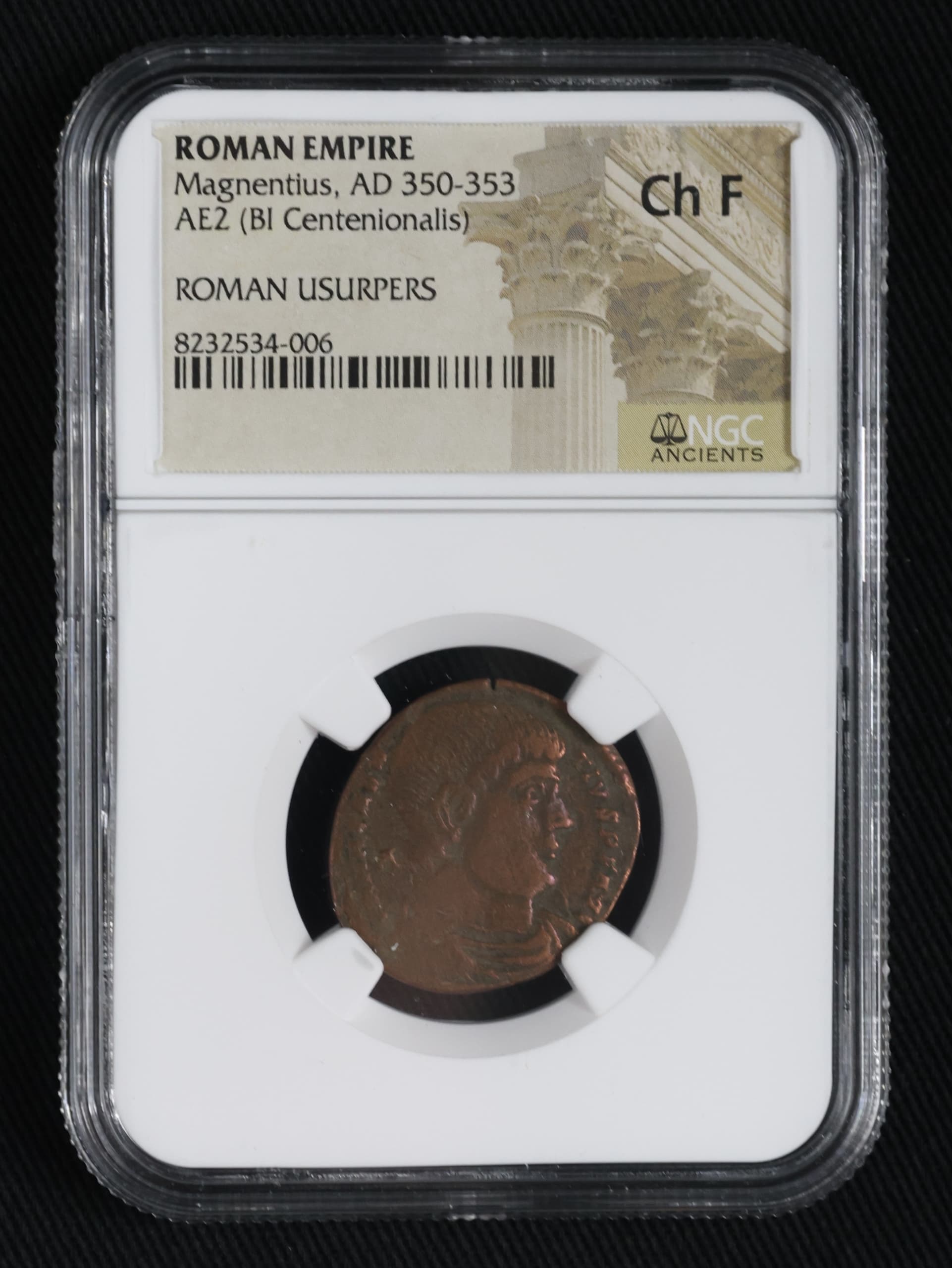NGC-Certified Roman Coin: Magnentius, AE2, Grade CH-F — representative ECC supplier stock image; exact coin and slab vary