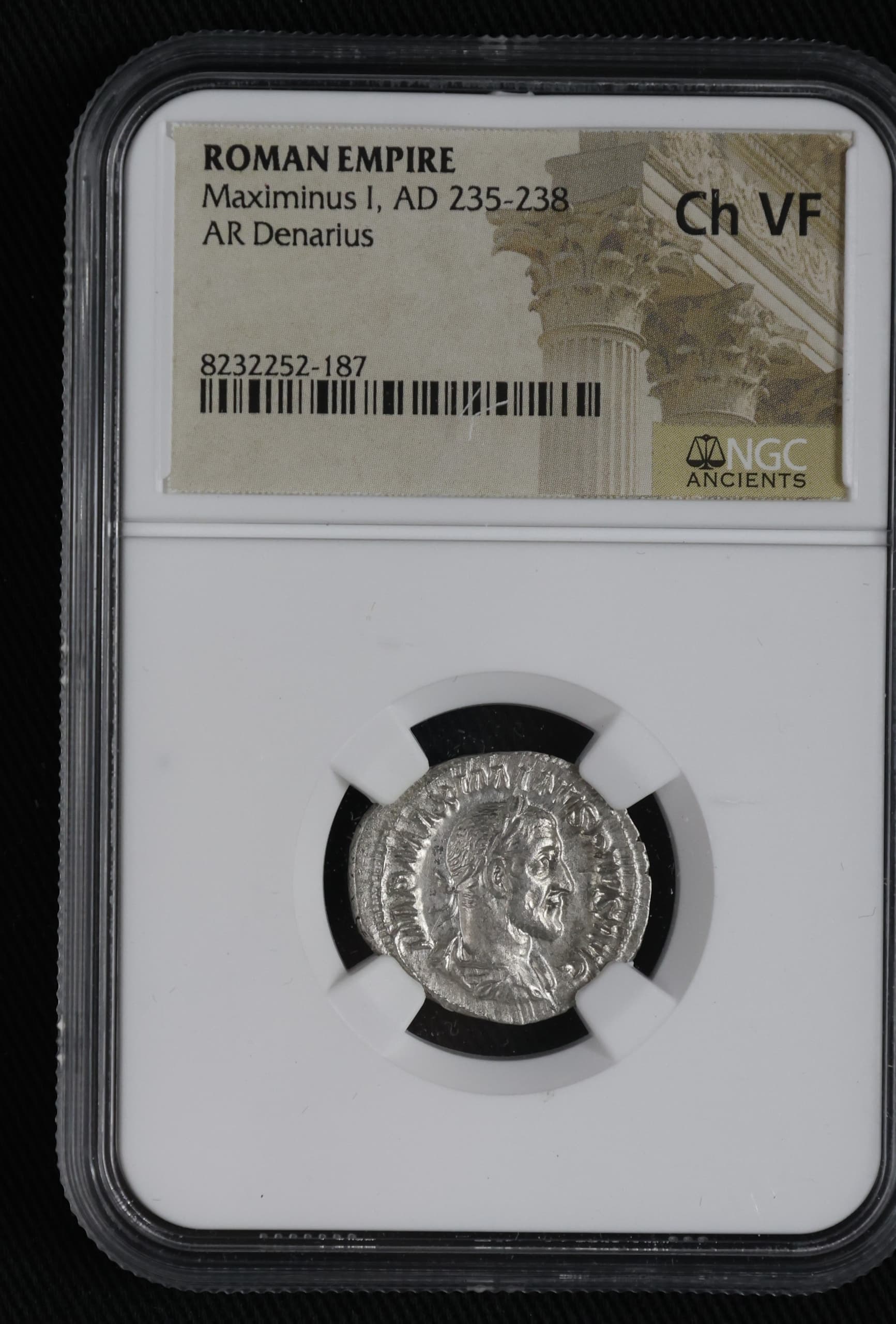 NGC-Certified Roman Coin: Maximinus I, Denarius, Grade CH-VF — representative ECC supplier stock image; exact coin and slab vary
