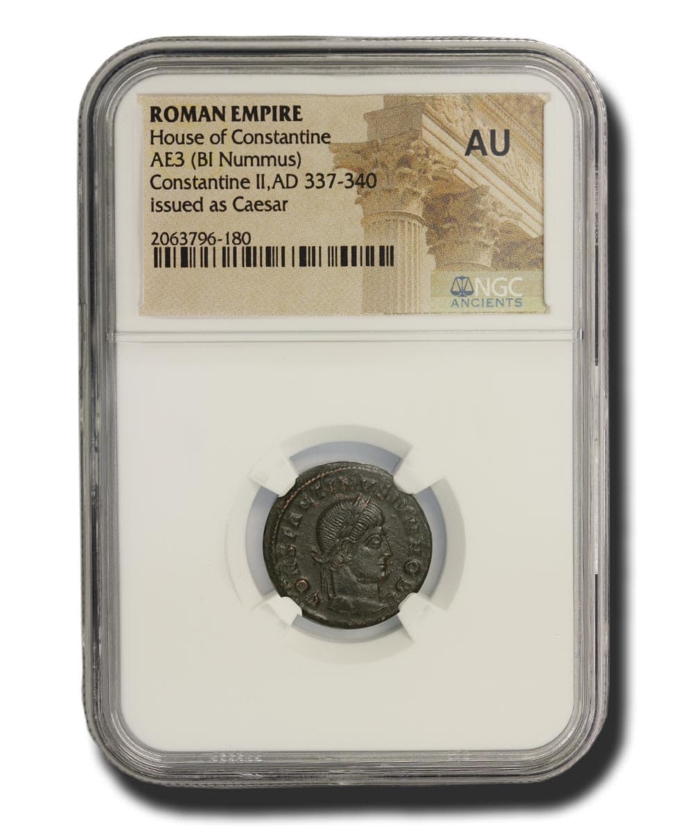 NGC-Certified Roman Coin: CONSTINE2ND(AE3/4), Grade AU — representative ECC supplier stock image; exact coin and slab vary