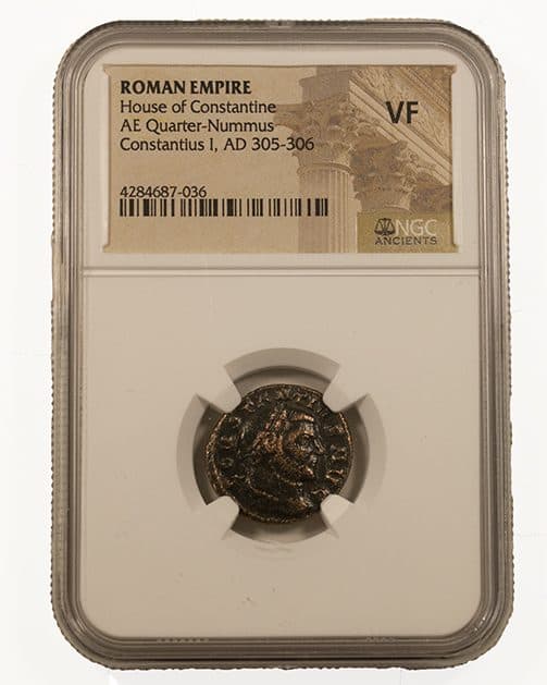 NGC-Certified Roman Coin: CONSTIUS1ST(QUARTER NUMMUS), Grade VF — representative ECC supplier stock image; exact coin and slab vary