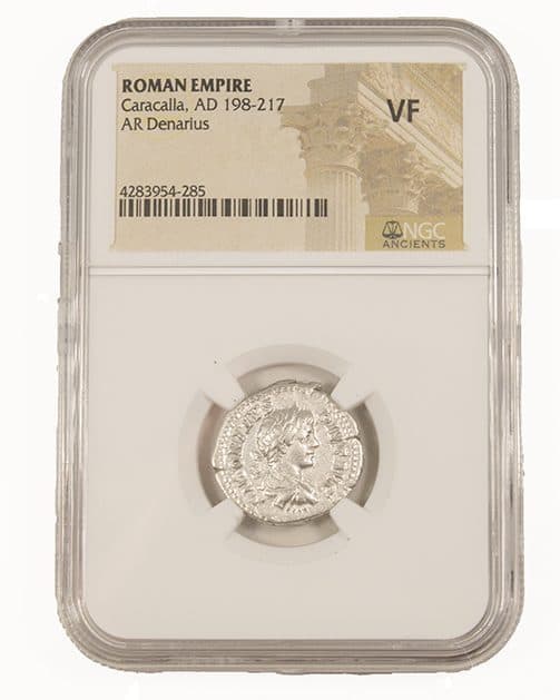 NGC-Certified Roman Coin: Caracalla, Denarius, Grade VF β representative ECC supplier stock image; exact coin and slab vary