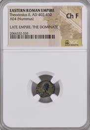 NGC-Certified Roman Coin: THEODOSIUS2ND(AE4), Grade CH-F — representative ECC supplier stock image; exact coin and slab vary