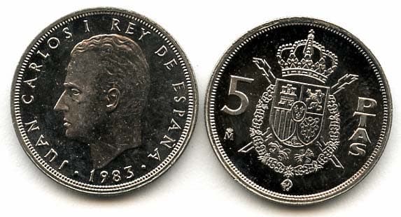 Spain KM823(U) 5 Peseta β Lot of 25 representative product image