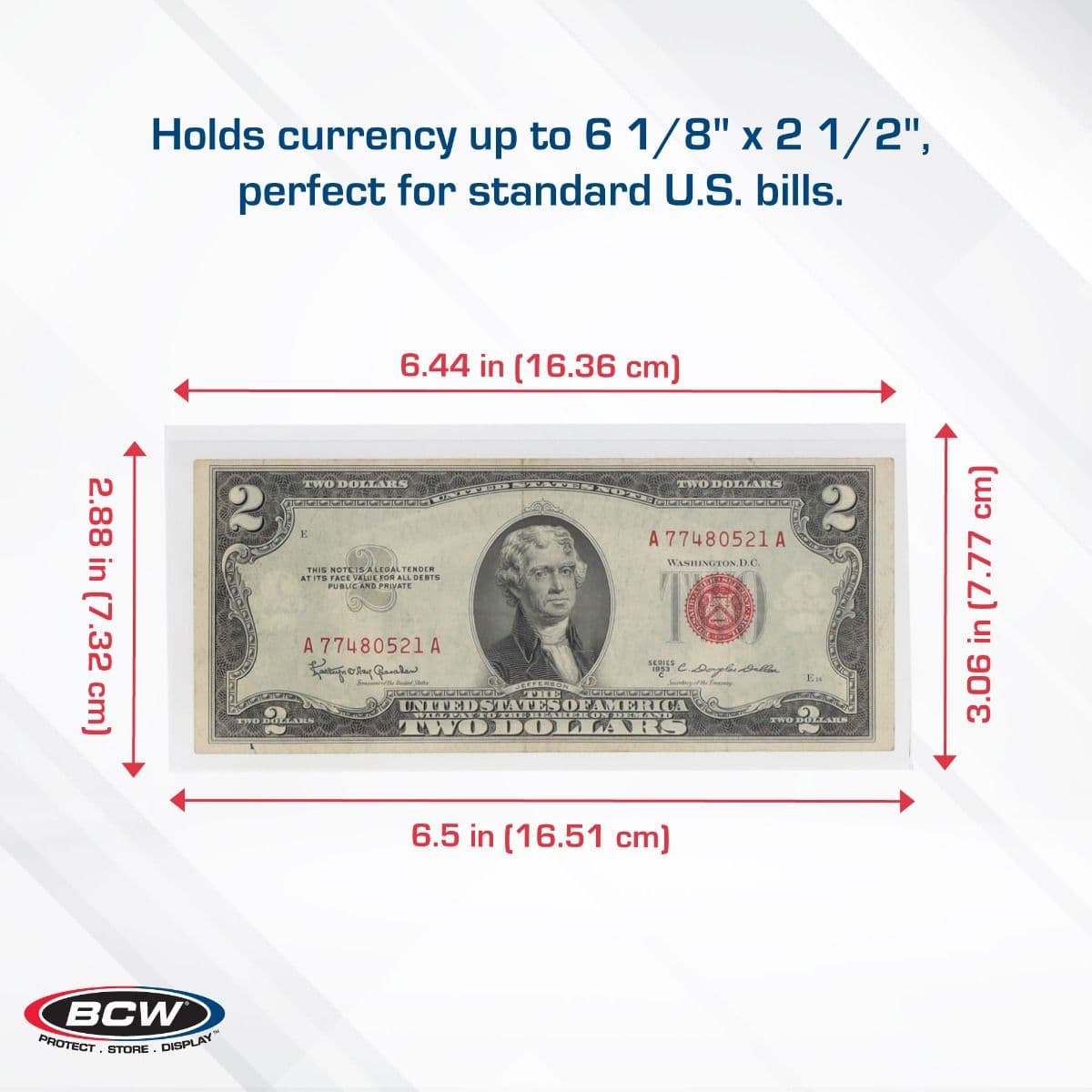 BCW Deluxe Currency Holder - Regular Bill infographic, specs and measurements