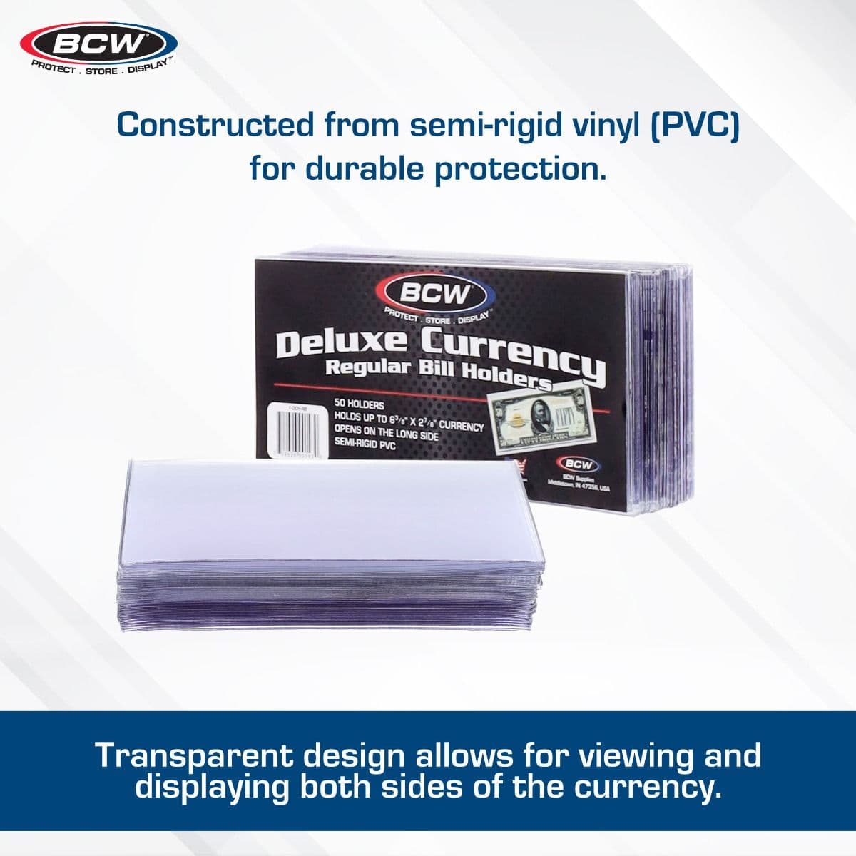 BCW Deluxe Currency Holder - Regular Bill infographic, materials