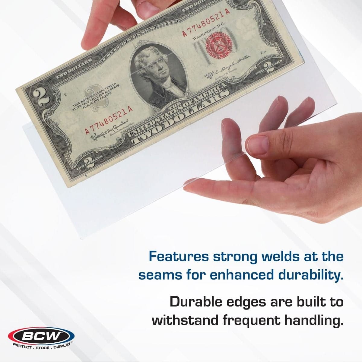BCW Deluxe Currency Holder - Regular Bill infographic, features strong welds for enhanced durability