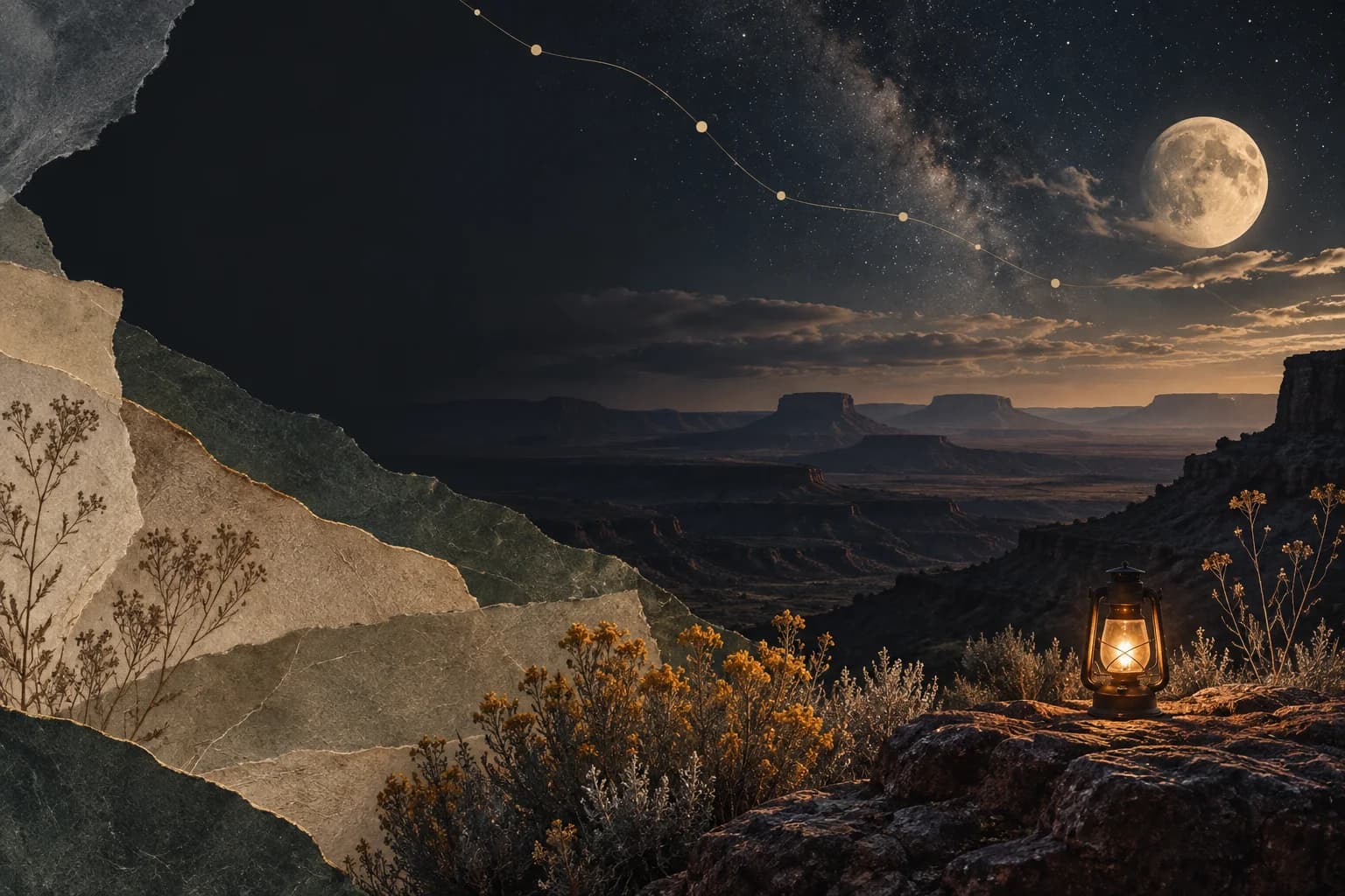 A moonlit desert landscape with paper layers, desert plants, and a lantern