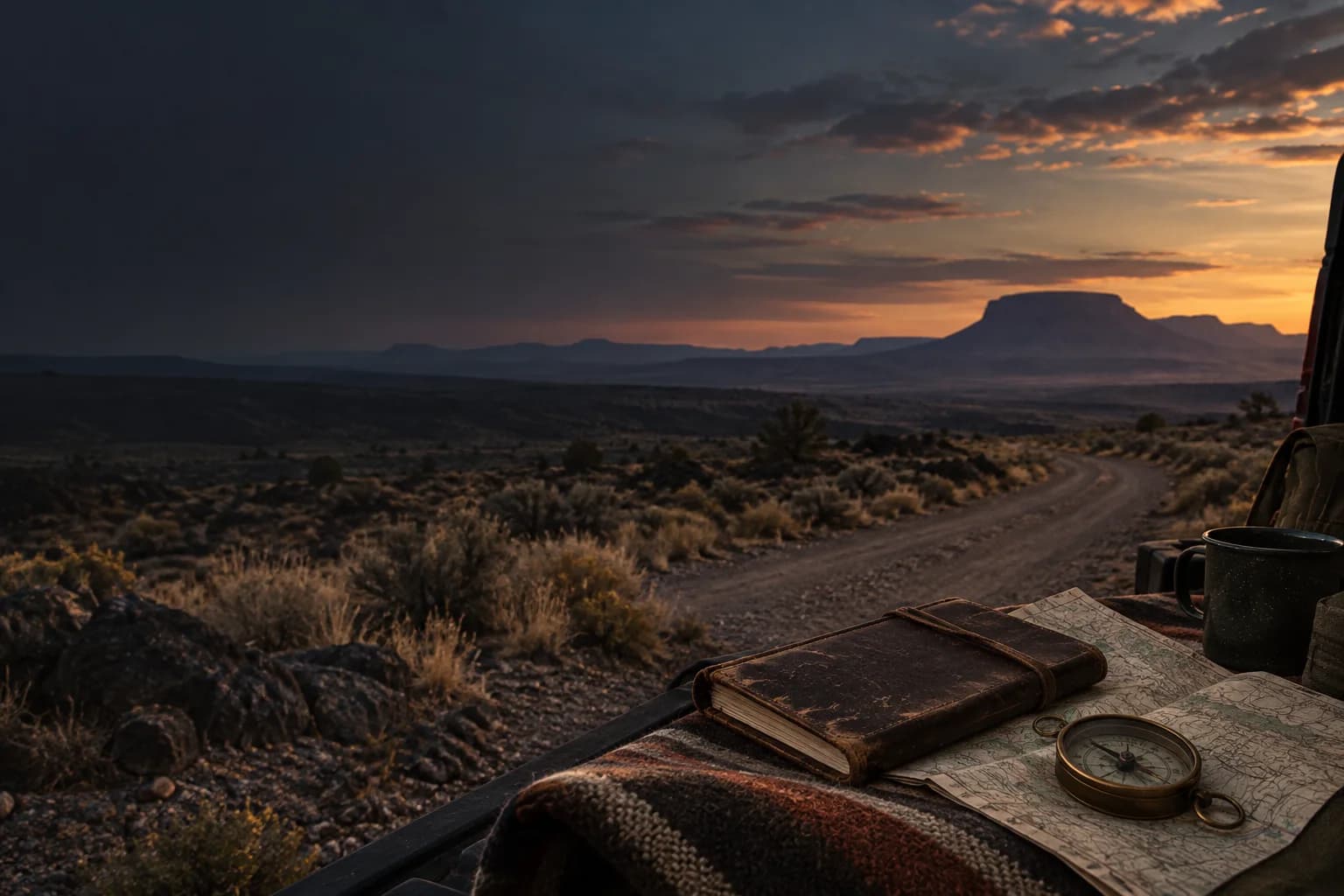 A high-desert road, field notebook, map, and brass compass at dusk