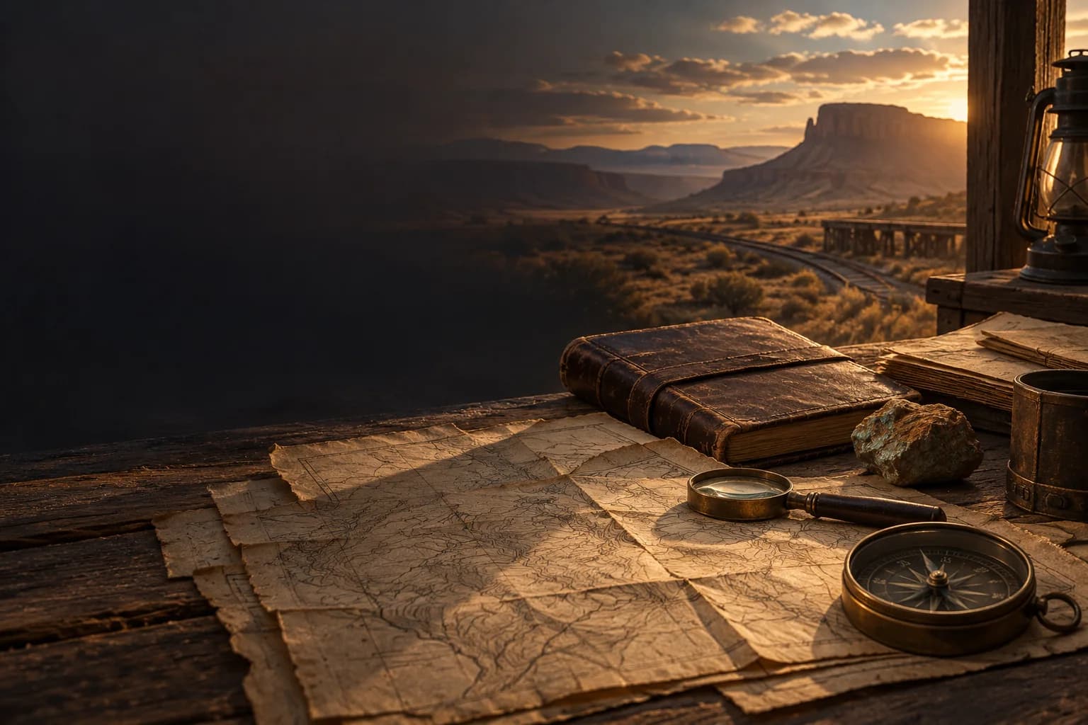 A historical research table with maps, an archival ledger, a compass, and a desert mesa