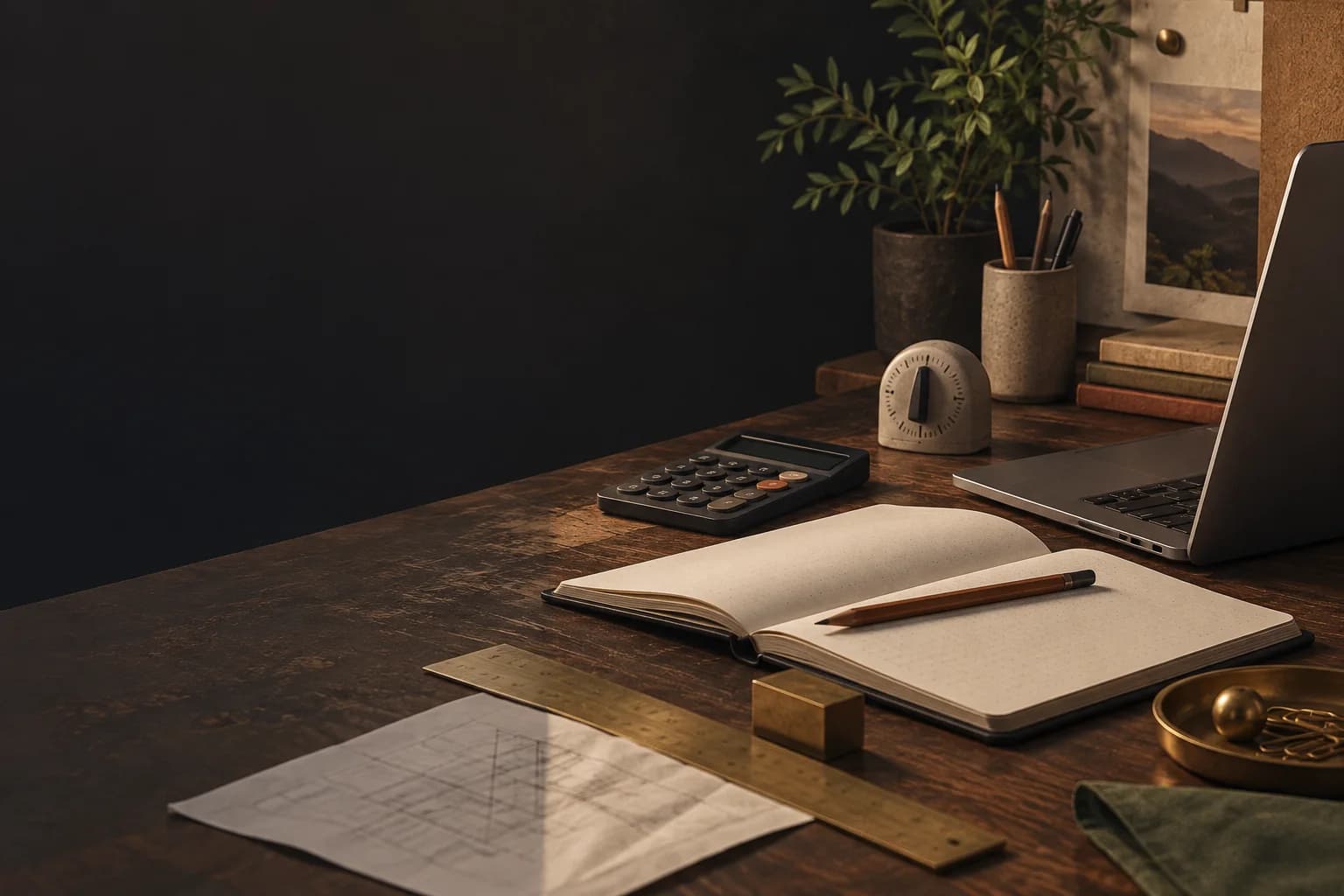 A quiet workshop desk with a notebook, ruler, calculator, and laptop