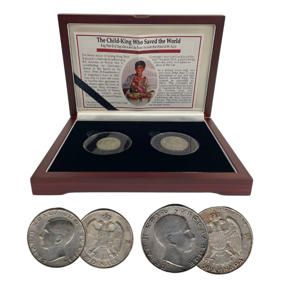 Child King Who Saved the Wold: Yugoslavia's Peter II Box of 2 Silver Coins (Two-Coin Box) representative product image