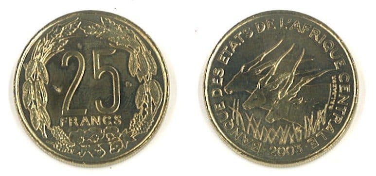 Central African St. KM10(U) 25 Francs (2003) β Lot of 30 representative product image