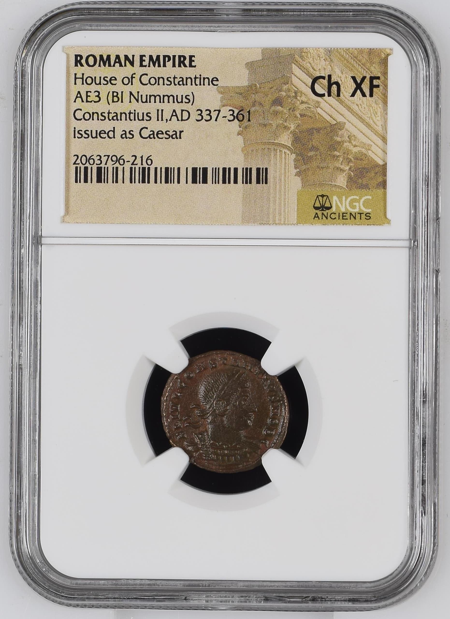 NGC-Certified Roman Coin: CONSTIUS2ND(AE3), Grade CH-XF β representative ECC supplier stock image; exact coin and slab vary