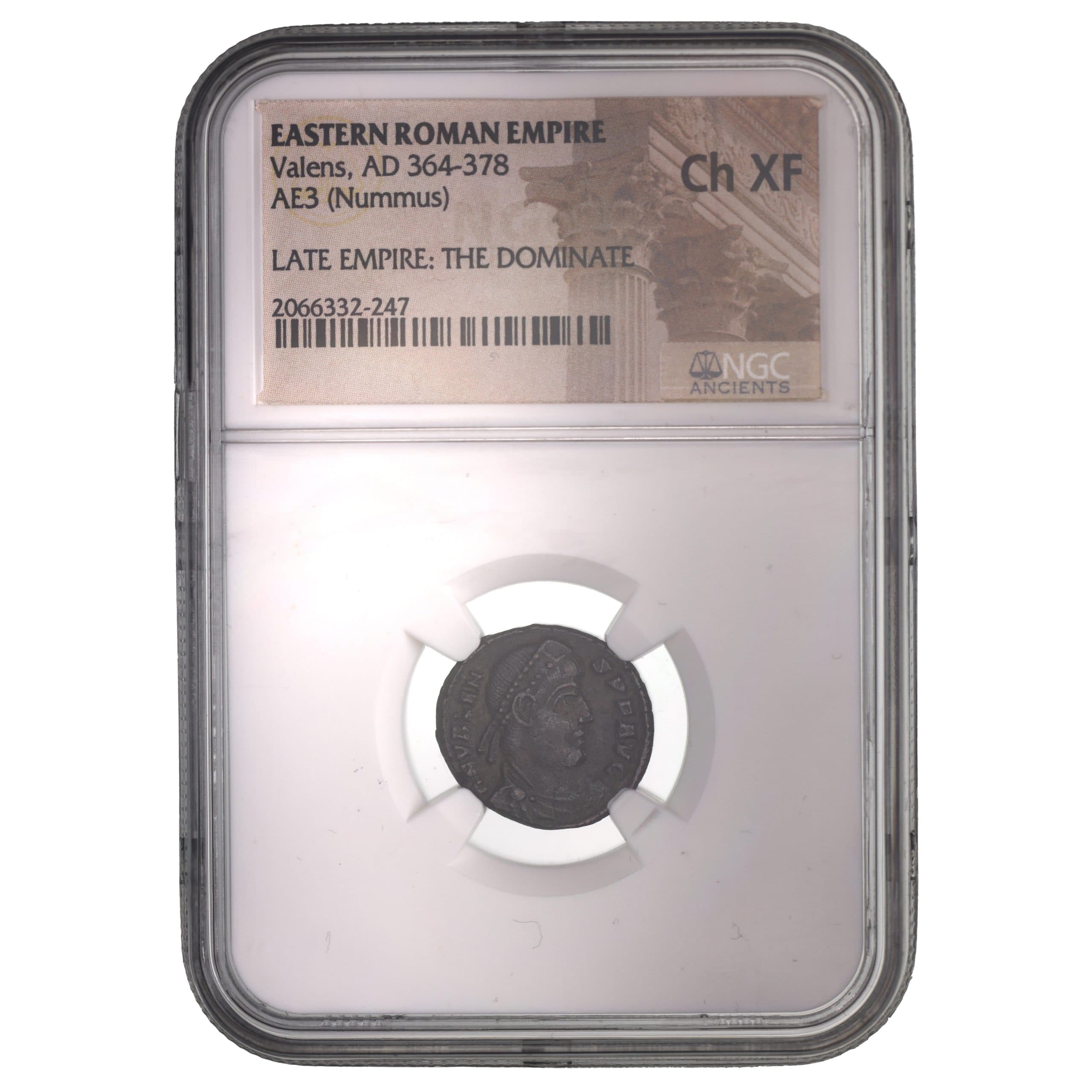 NGC-Certified Roman Coin: Valens, AE3, Grade CH-XF β representative ECC supplier stock image; exact coin and slab vary