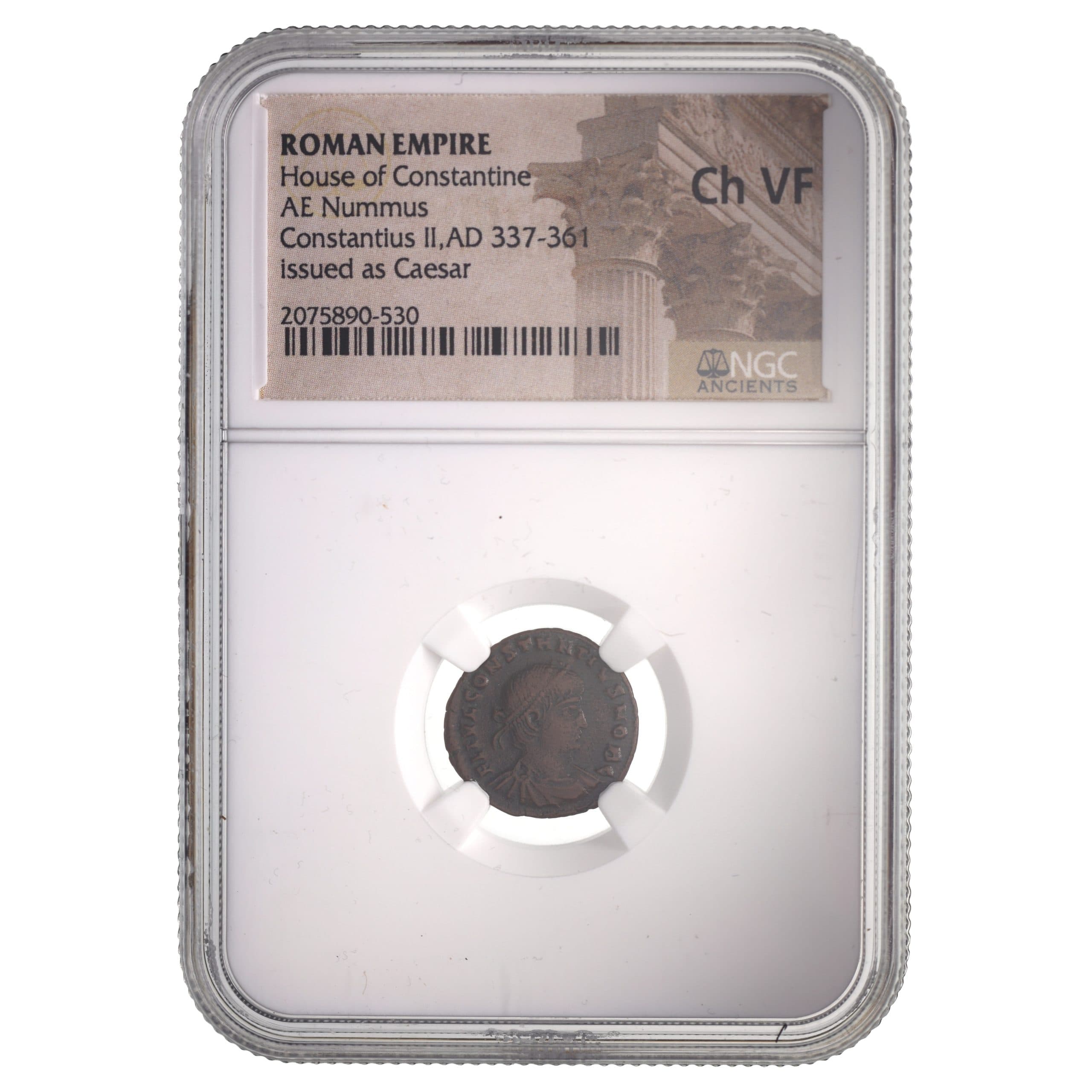 NGC-Certified Roman Coin: CONSTIUS2ND(AE3), Grade CH-VF β representative ECC supplier stock image; exact coin and slab vary