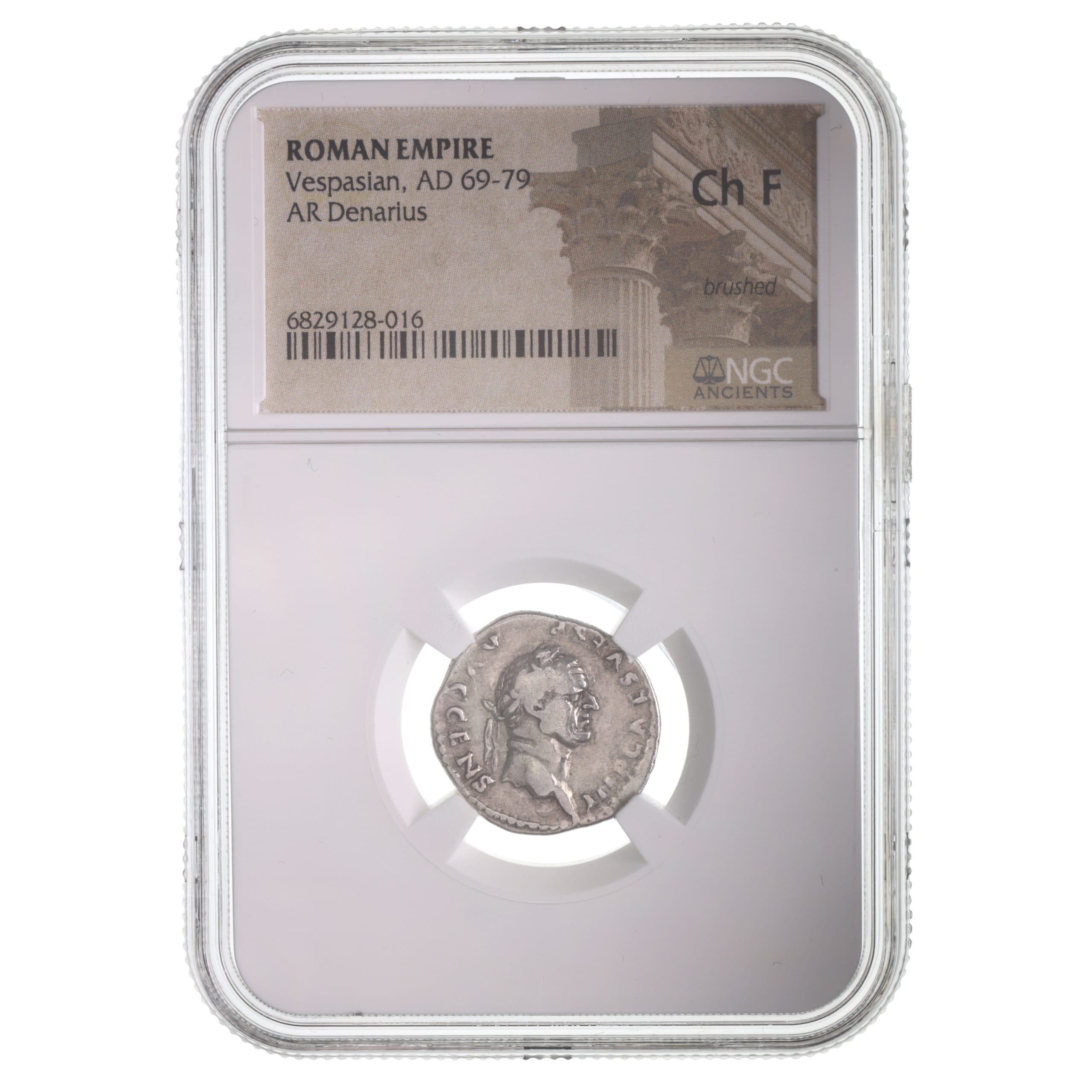 NGC-Certified Roman Coin: Vespasian, Denarius, Grade CH-F β representative ECC supplier stock image; exact coin and slab vary