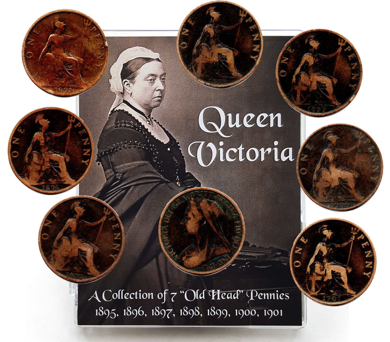 Queen Victoria: A Collection of 7 "Old Head" Pennies, 1895-1901 (Clear Box) representative product image