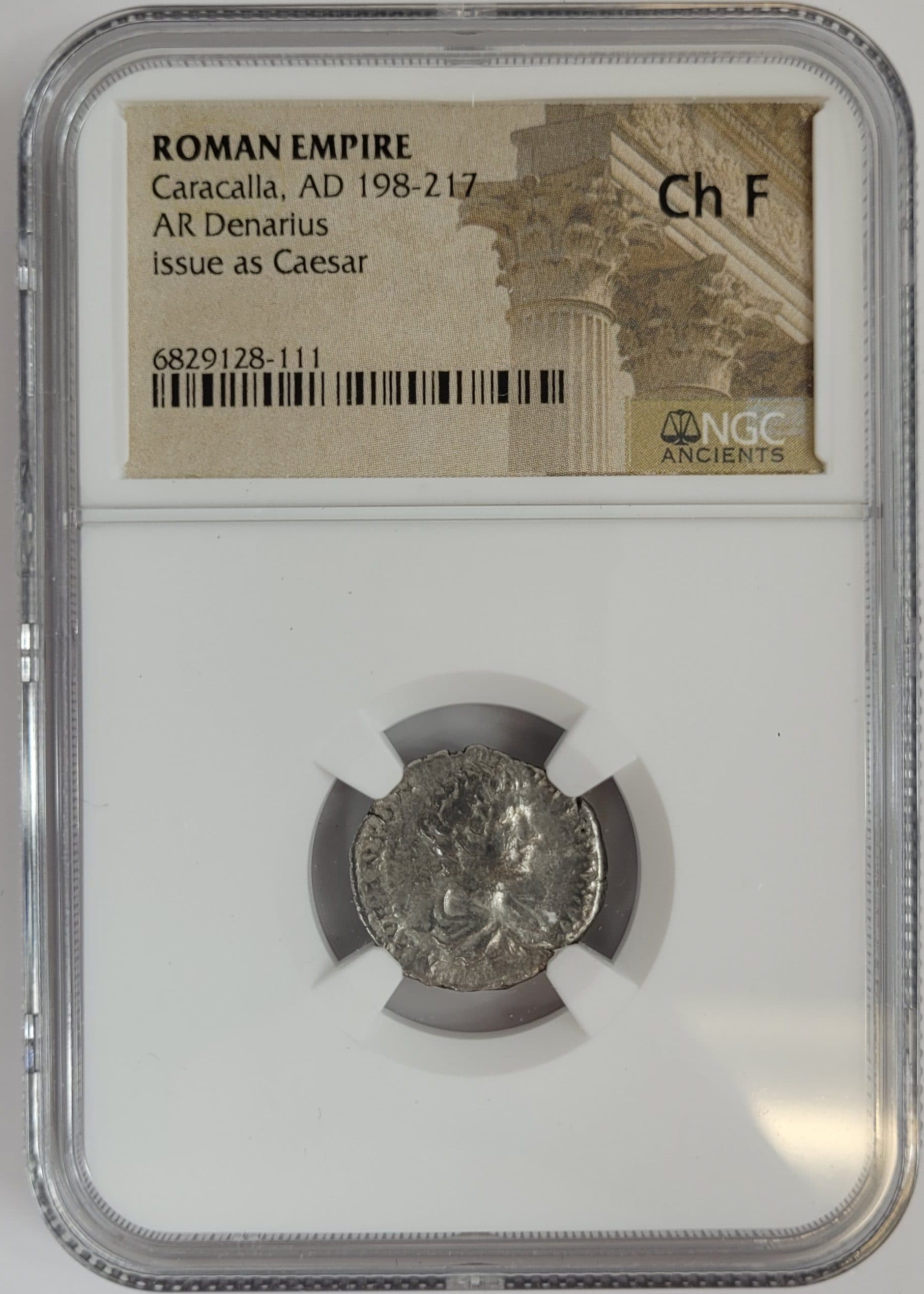 NGC-Certified Roman Coin: Caracalla, Denarius, Grade CH-F β representative ECC supplier stock image; exact coin and slab vary