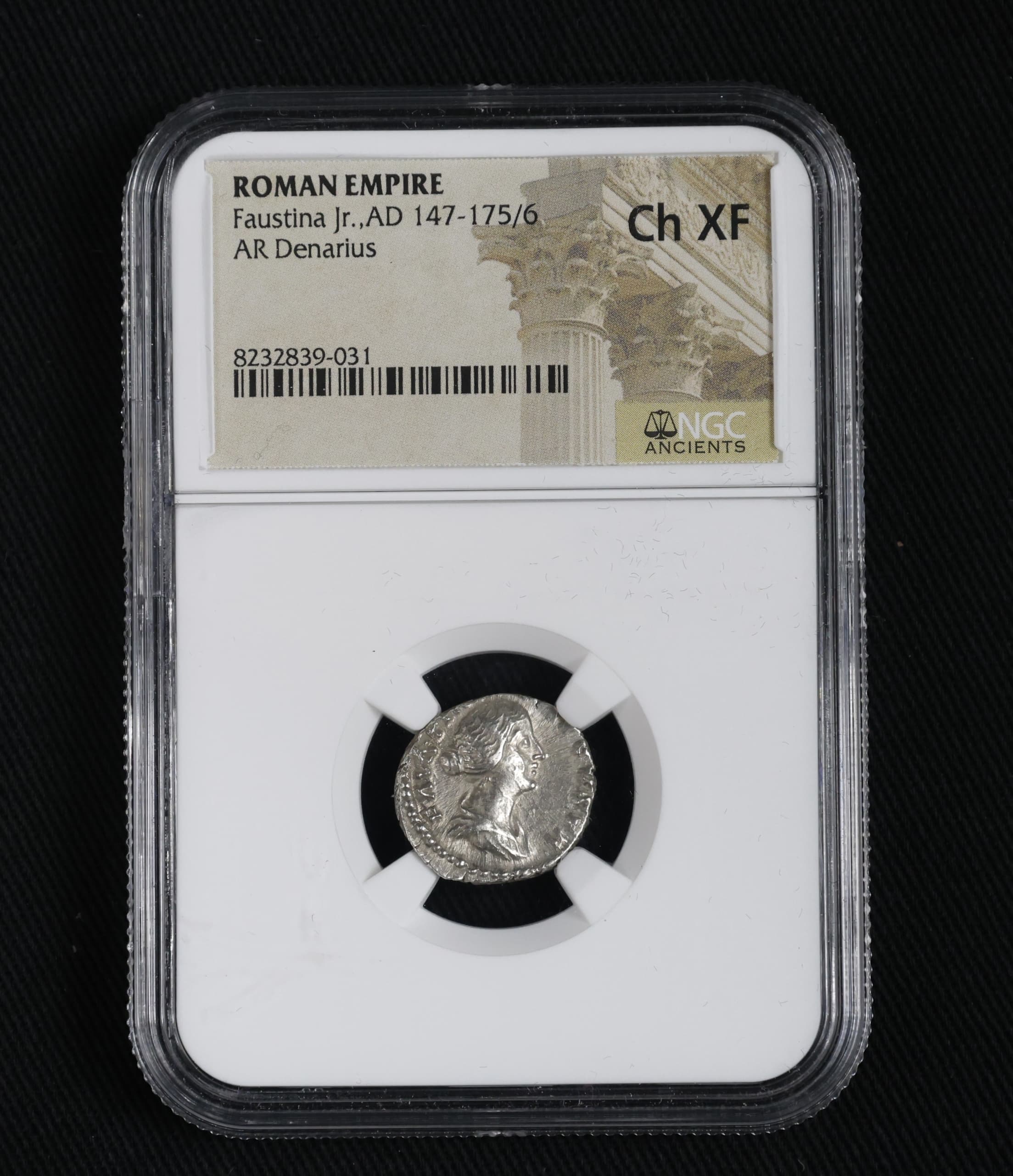 NGC-Certified Roman Coin: Faustina Jr., Denarius, Grade CH-XF β representative ECC supplier stock image; exact coin and slab vary