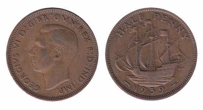 1,000 Great Britain KM844-896(VF) George VI: 1/2 Penny Bulk World Coins representative product image