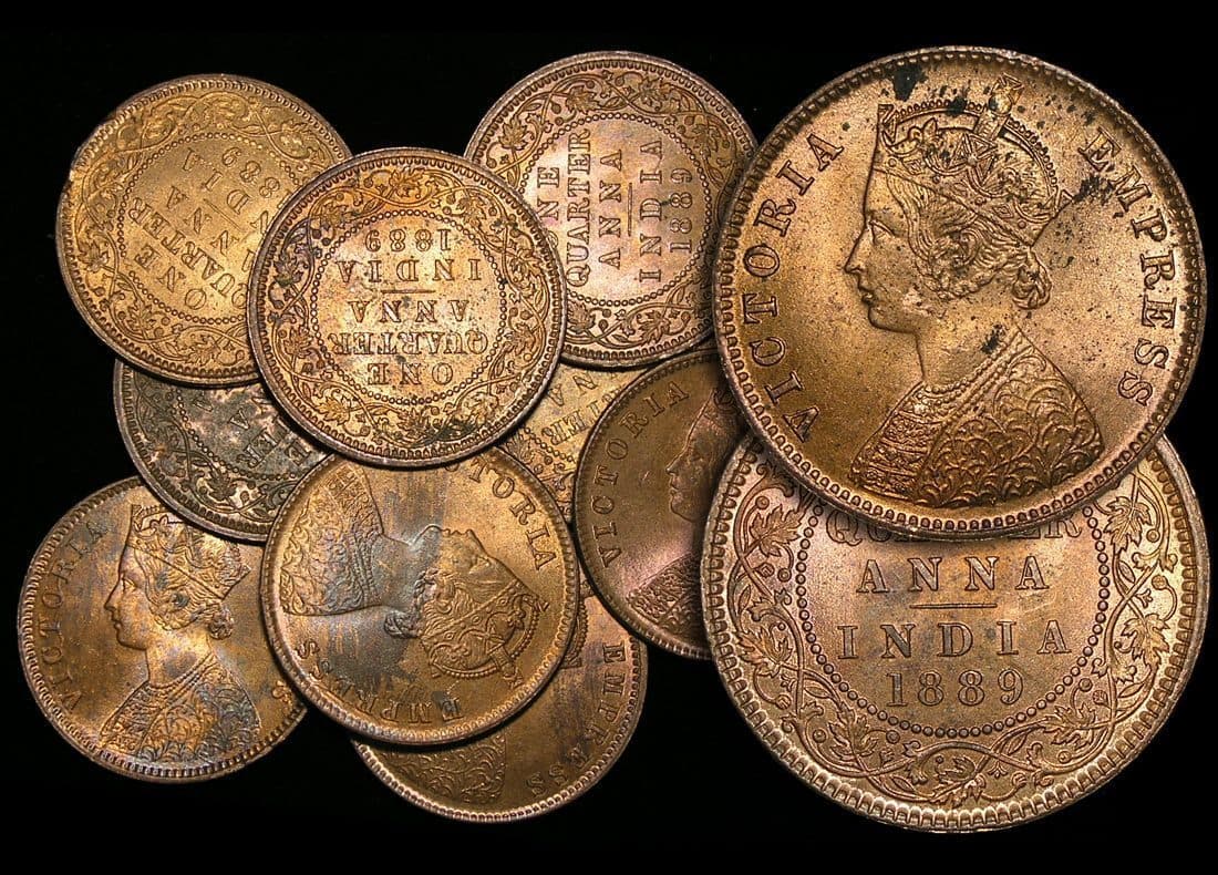 British India KM486-1889(U) 1/4 Anna (1889) β Lot of 2 representative product image