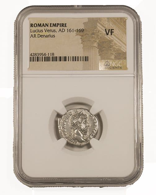 NGC-Certified Roman Coin: Lucius Verus, Denarius, Grade VF β representative ECC supplier stock image; exact coin and slab vary