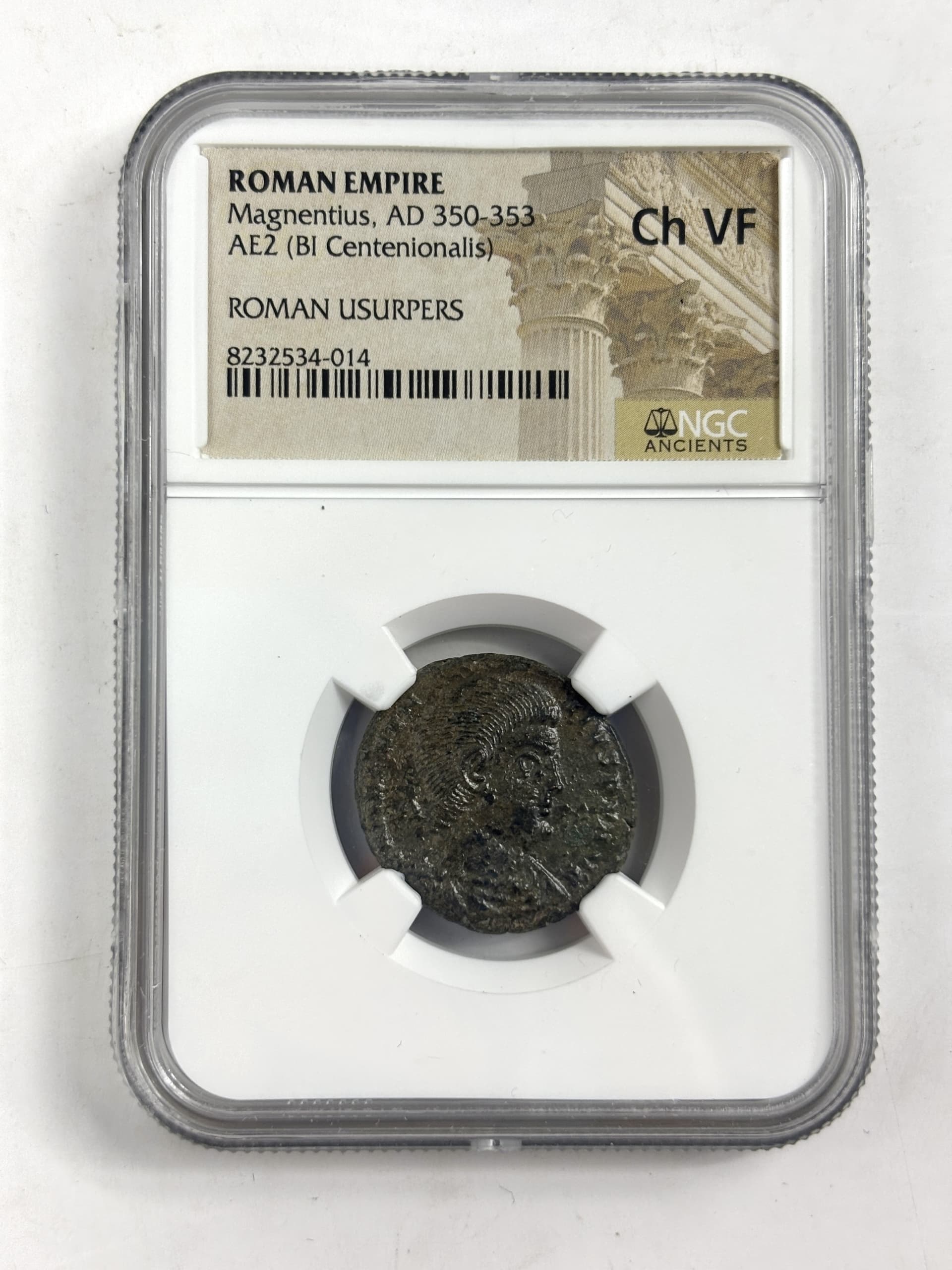 NGC-Certified Roman Coin: Magnentius, AE2, Grade CH-VF β representative ECC supplier stock image; exact coin and slab vary