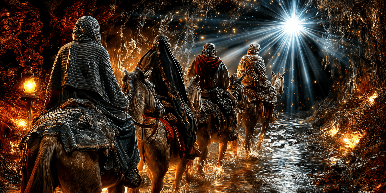 Star over Bethlehem with travelers approaching the nativity