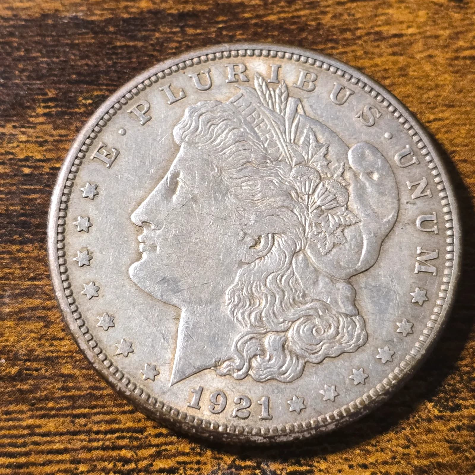 1921 Morgan Silver Dollar raw coin, exact item photo