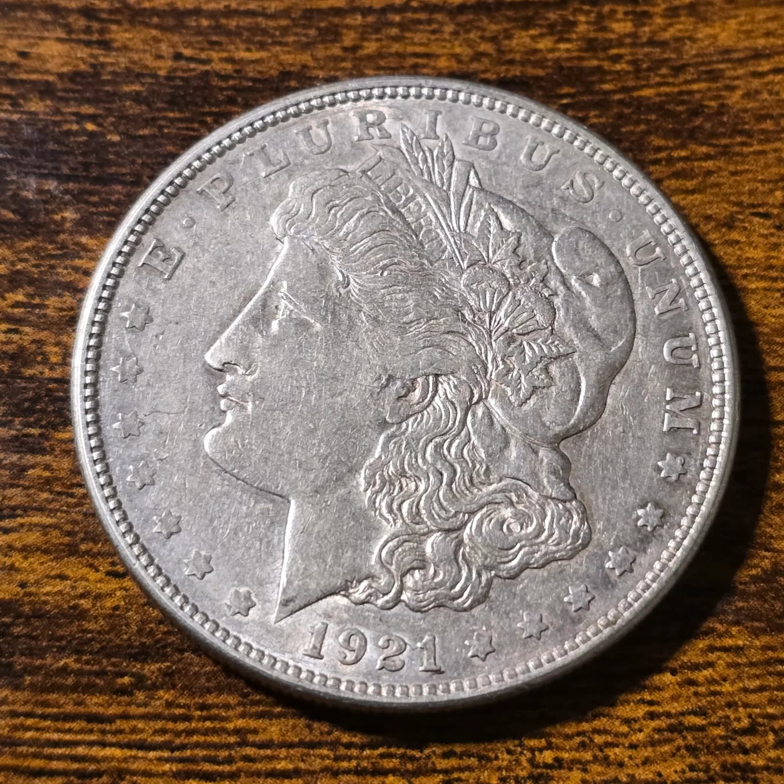 1921-D Morgan Silver Dollar raw coin, exact item photo