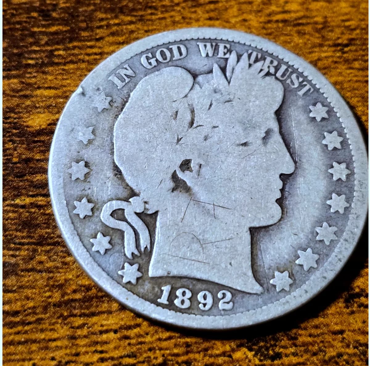 1892 Barber Half Dollar raw coin, exact item photo